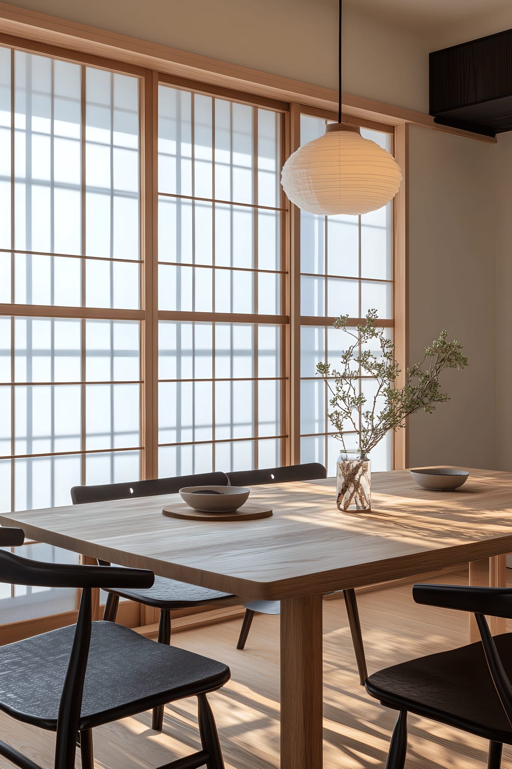 An elegant dining area in Tokyo featuring a minimalist wooden table surrounded by sleek black chairs. The room is adorned with intricately patterned Shoji screens serving as a stylish backdrop, while a single ikebana flower arrangement in a glass vase adorns the table to infuse a touch of nature.