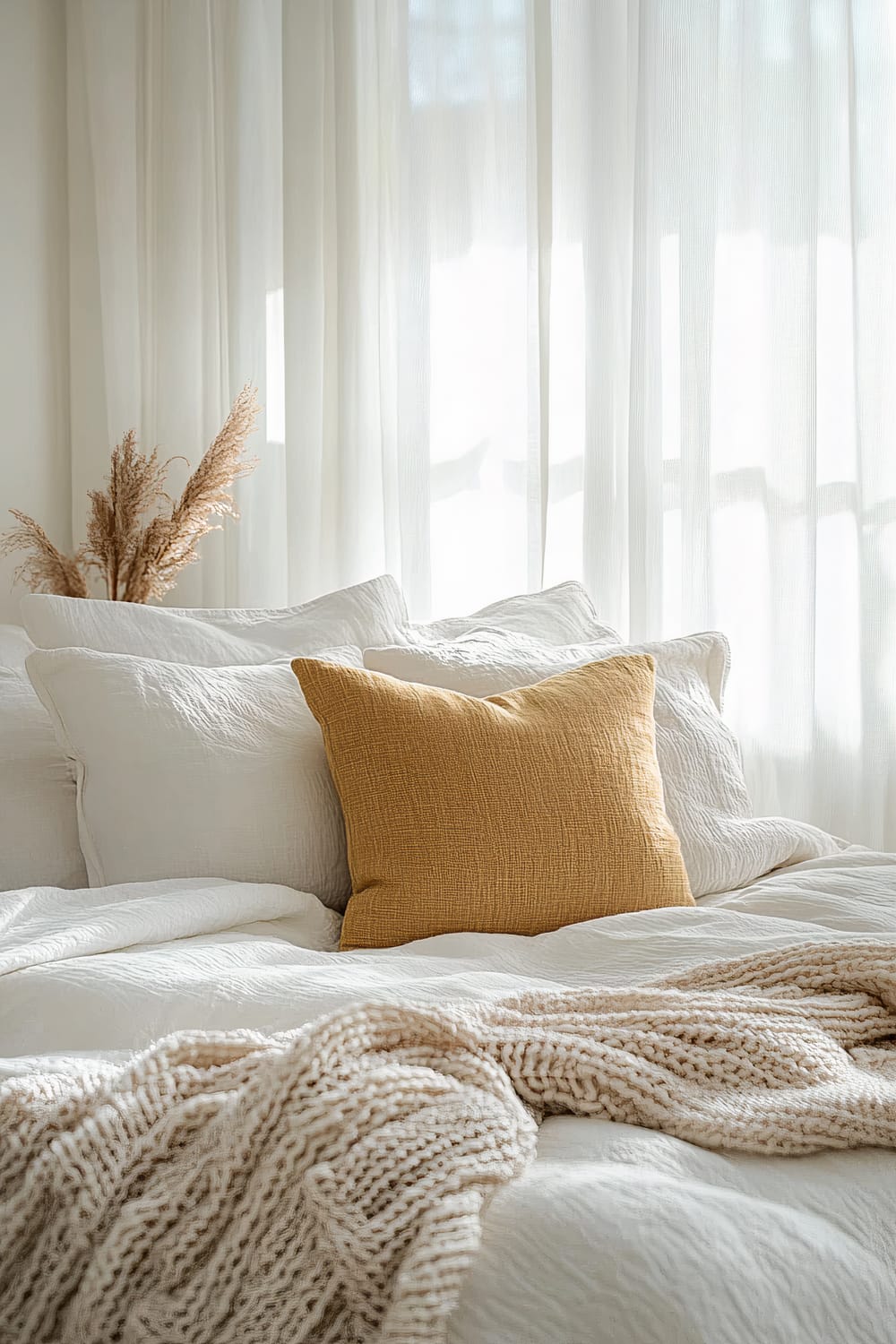 A minimalistic bedroom setting featuring a white bed adorned with a mustard-yellow throw pillow. The bed has multiple white pillows and a cream-colored knitted blanket draped across it. Sheer white curtains filter soft daylight into the room, creating a serene atmosphere. In the background, a neutral-toned vase holds dried pampas grass, adding a natural element to the decor.