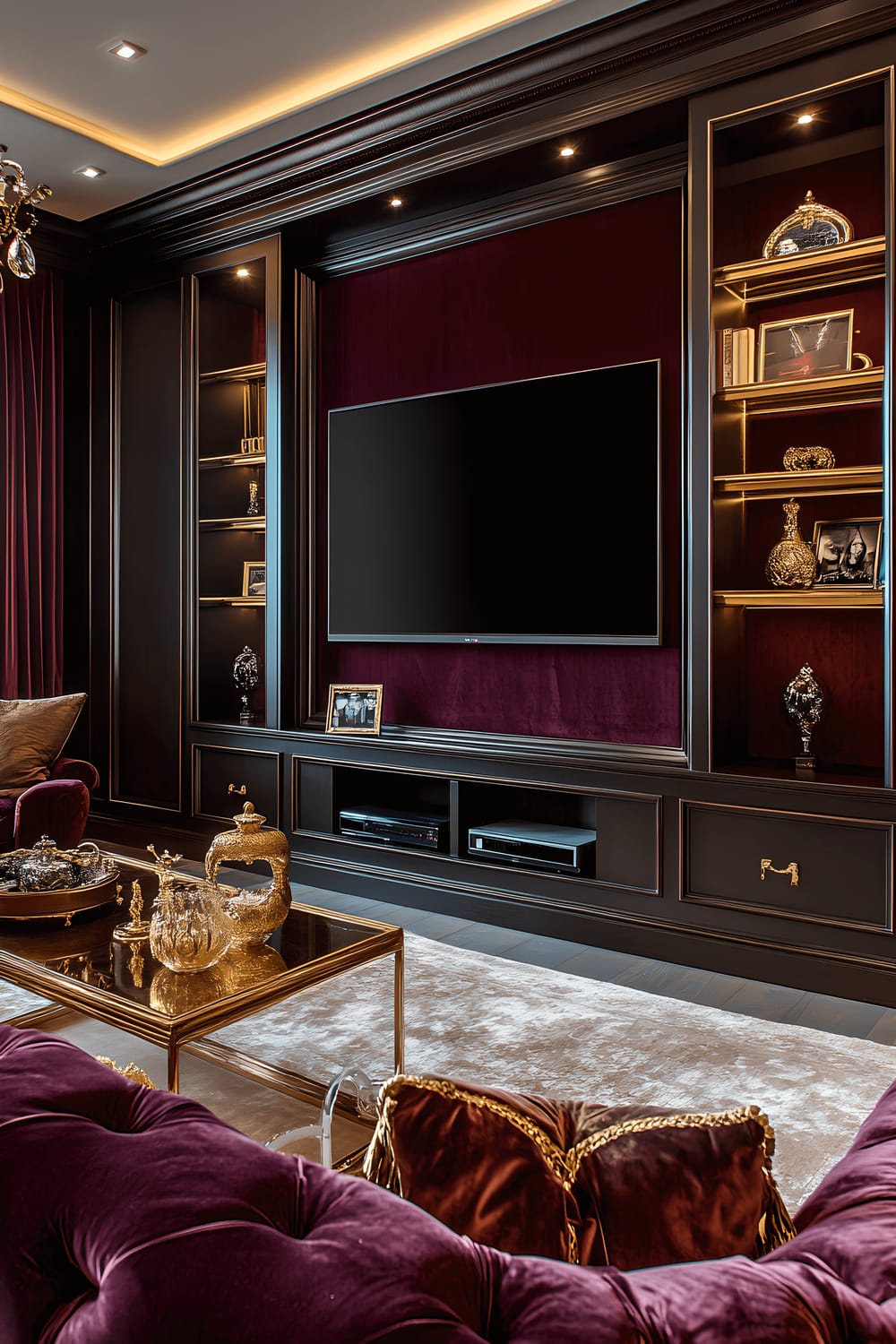 A luxurious TV wall in a deep burgundy hue, featuring velvet panels, gold floating shelves, and opulent decor items like gilded sculptures and gold-framed photos. Warm ambient lighting emanates from gold-toned fixtures, enhancing the elegance and drama of the space.