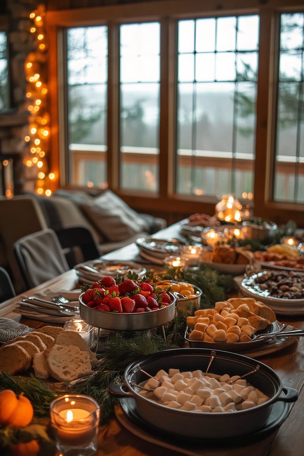 A warmly lit dining table set for a Friendsgiving fondue night, with a dual-pot fondue set featuring cheese with bread and vegetables, and dark chocolate with strawberries and marshmallows. The table is decorated with candles, pine branches, and cutting boards. Placed in a room with plush seating and large windows revealing a serene autumn view.