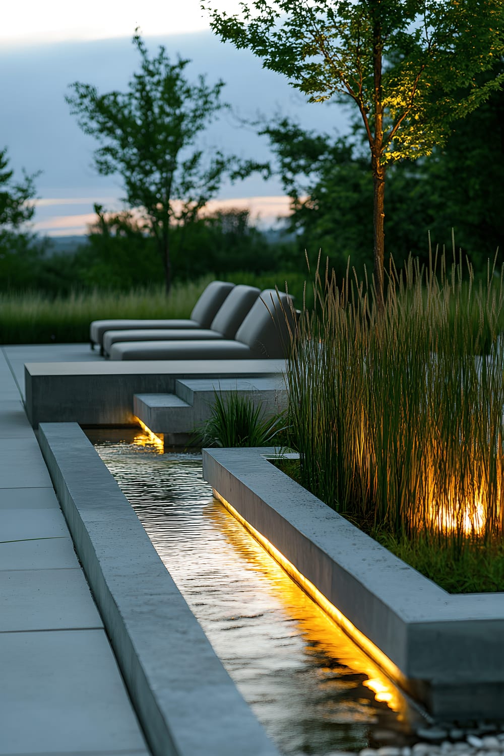 A picture shows a meticulously crafted modern courtyard with a striking vertical water feature adorning one wall. Line formations of tall grasses sprout from narrow concrete planters, creating a natural screen. An avant-garde seating setup crafted from concrete is dramatically lit from beneath, casting an ethereal glow on the space.