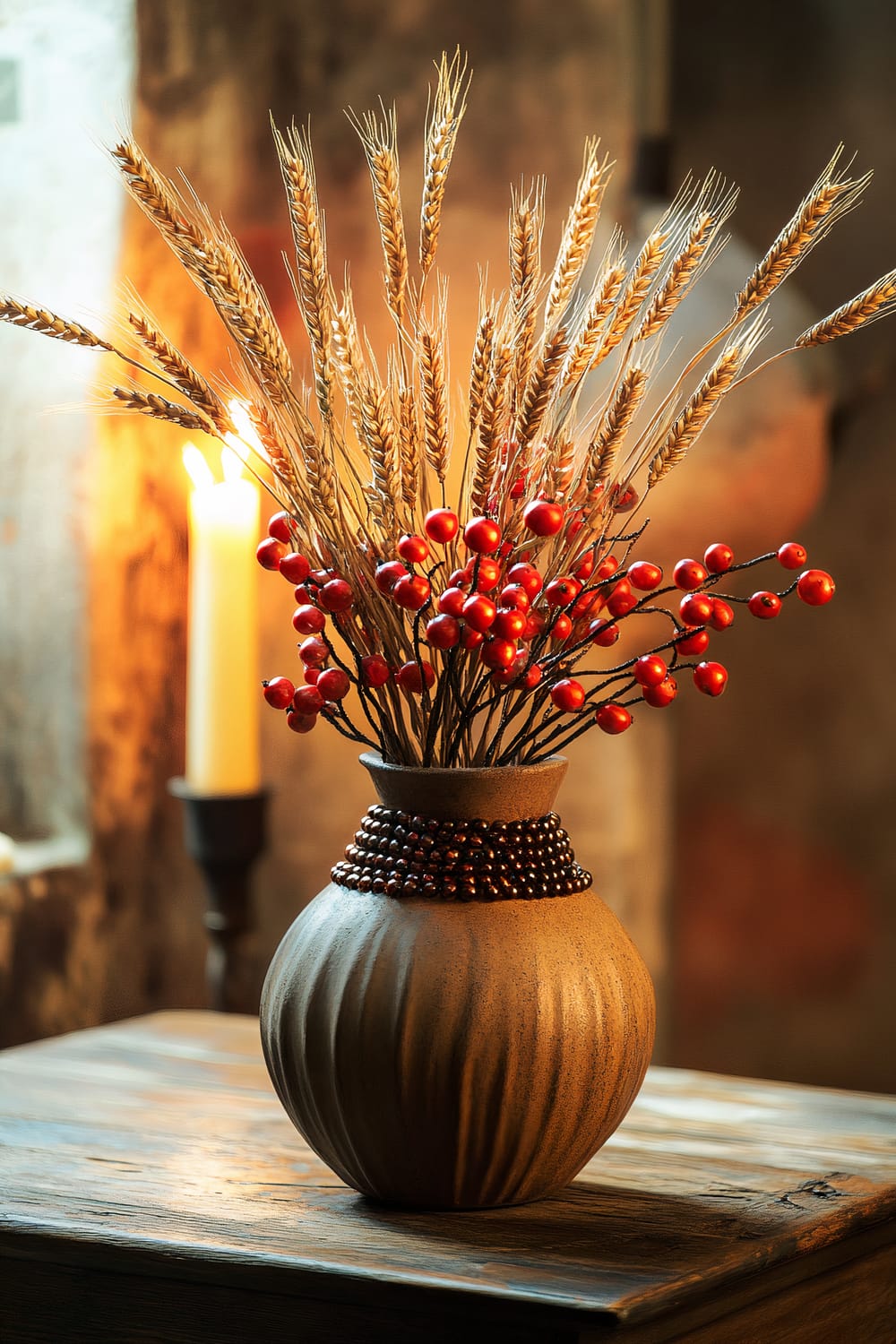 A rustic coffee table is shown featuring a handcrafted beaded vase in earthy tones. The vase holds a bouquet composed of dried wheat stalks and red berries. Warm lighting, possibly from a nearby candle in the background, illuminates the scene, highlighting the textures and intricate craftsmanship of both the vase and its natural arrangement.