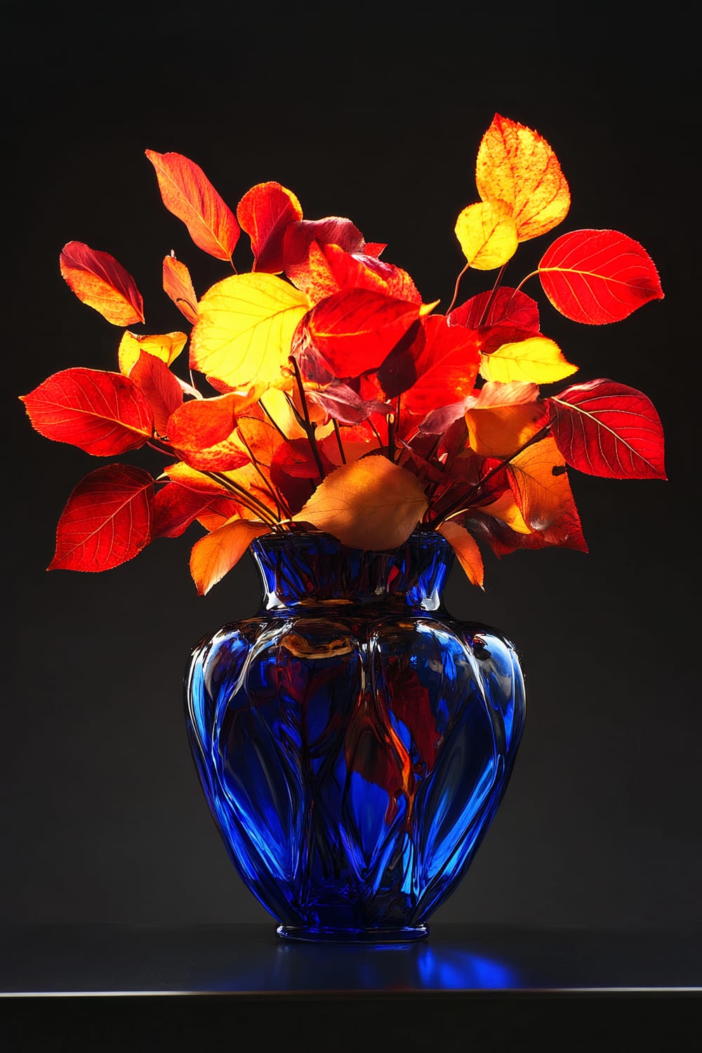 A vibrant cobalt blue glass vase filled with a mix of deep red and golden yellow autumn leaves, illuminated by warm light, creating a striking contrast against a dark background.