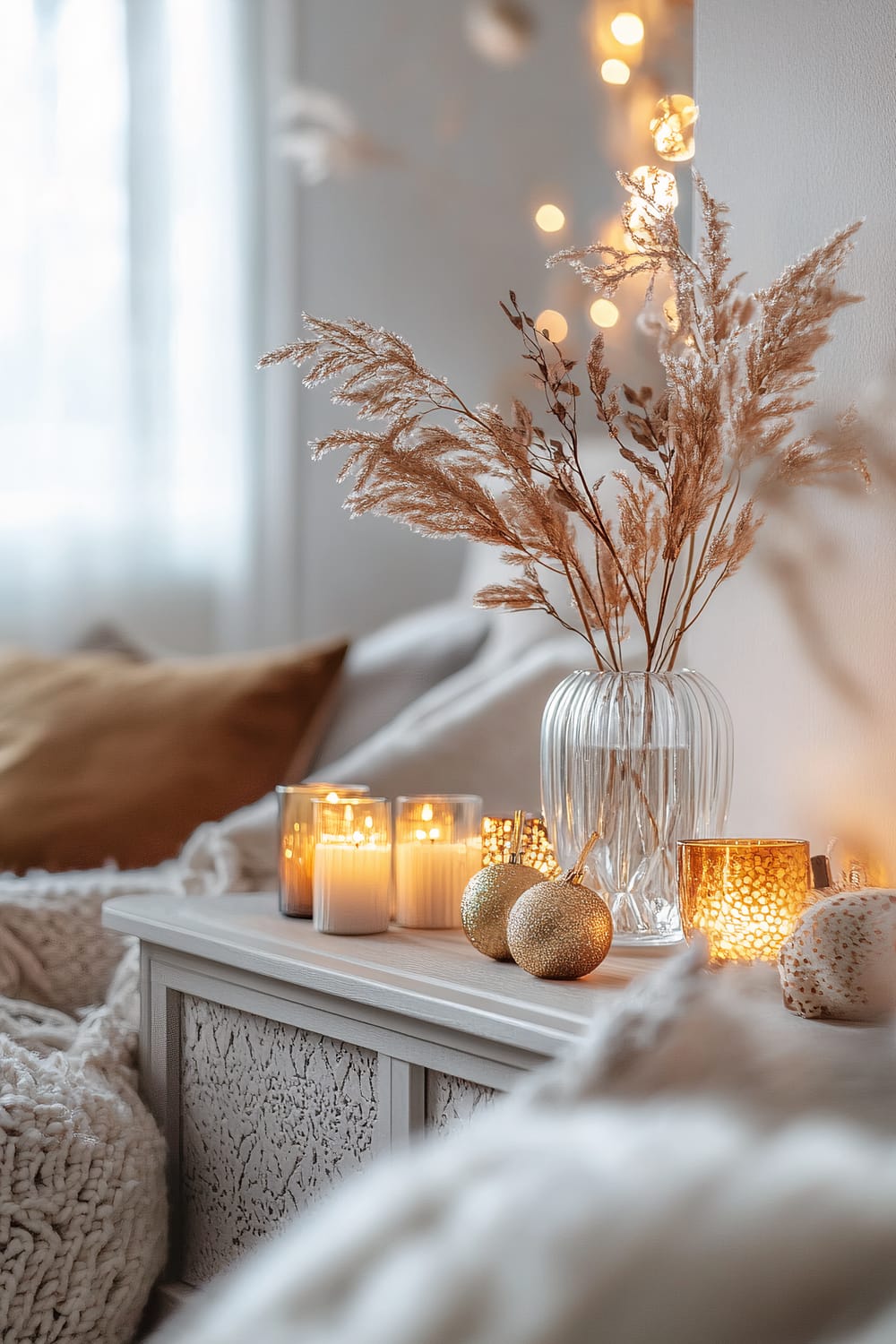 A softly lit interior scene shows a white side table adorned with a clear glass vase holding dried pampas grass. Surrounding the vase are a variety of candles in white and golden holders, and two golden, glittery decorative spheres. Warm string lights drape against a light-colored wall in the background, casting a gentle glow. The setting also features a beige and white knit blanket and pillows in earth tones, creating a serene and inviting ambiance.