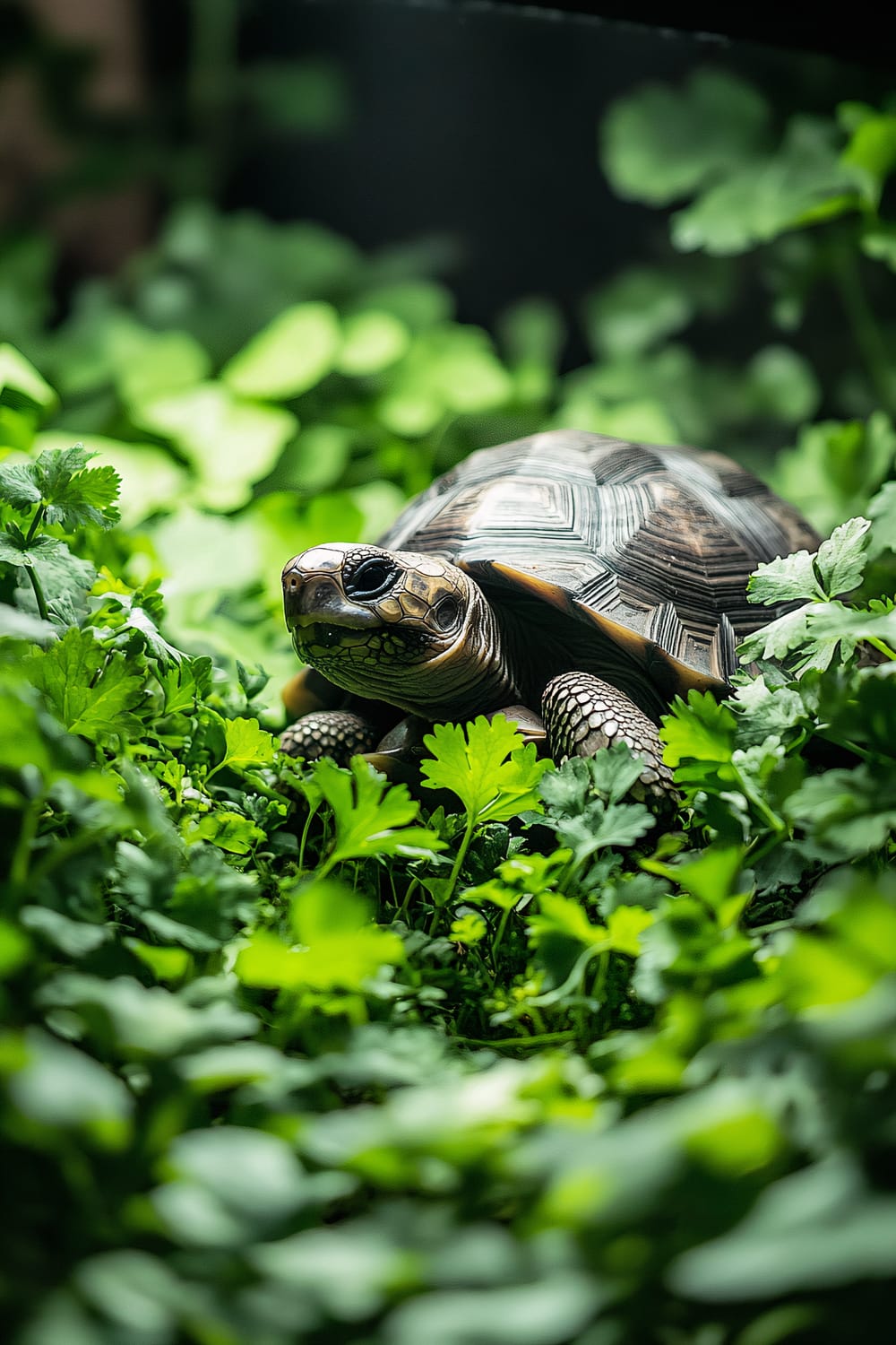 A close-up image of a tortoise crawling among lush green leaves. The tortoise has a patterned shell and rough textured skin, blending harmoniously with the surrounding foliage.