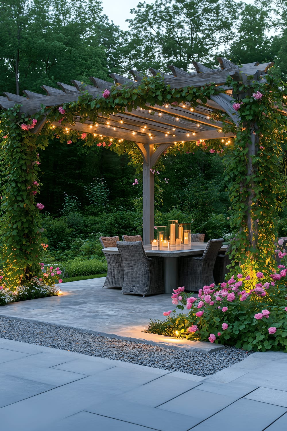 An outdoor patio setting under a pergola draped with flowering vines. The pergola stands on a bed of well-arranged light gray river rocks. A white marble table takes the center stage, decorated with a couple of candles. The scene is tenderly illuminated by a soft, diffuse evening light.