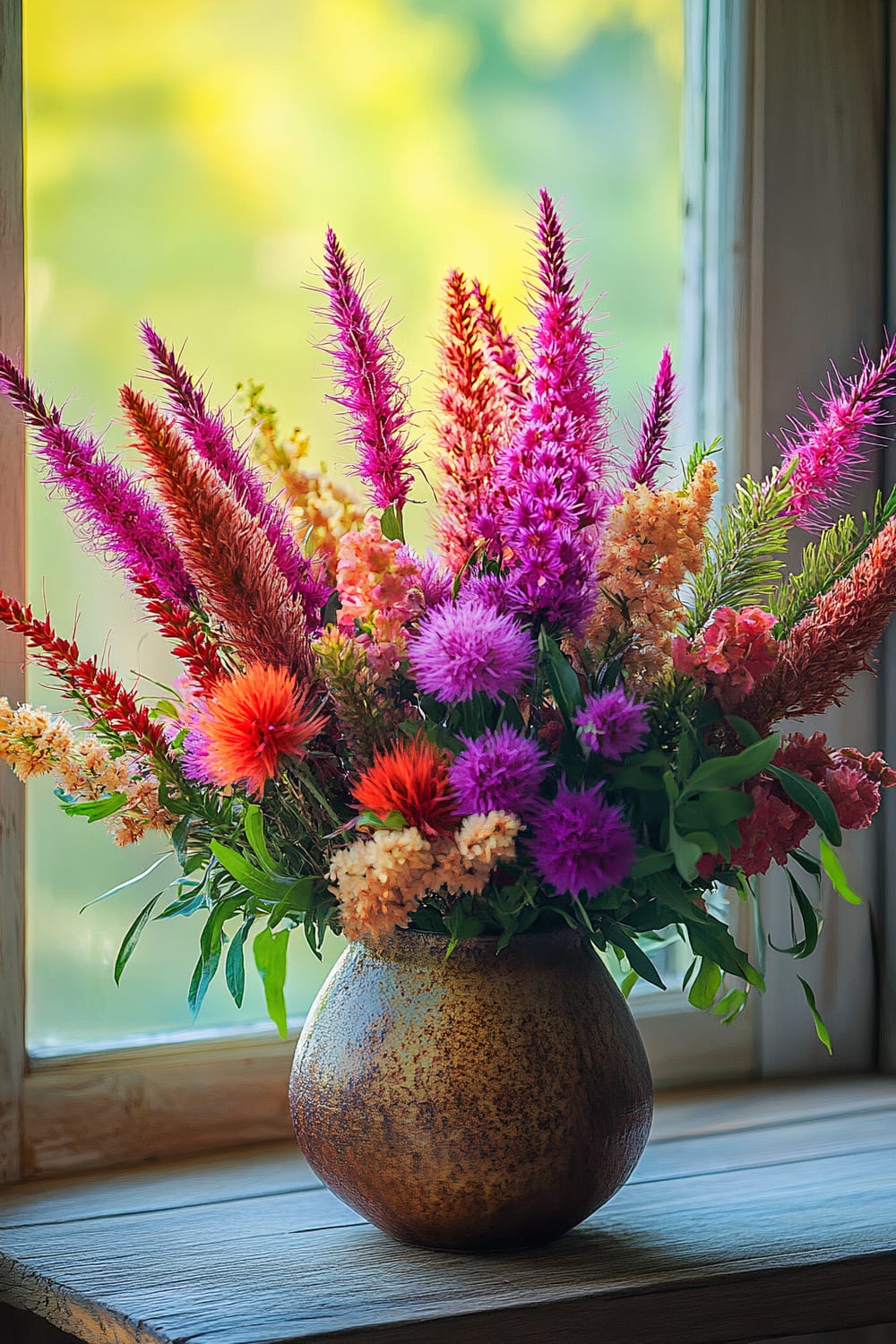 A rustic, ceramic vase filled with a vibrant and diverse bouquet of flowers sits on a wooden windowsill. The flowers feature various textures and colors including bright pink, purple, orange, and red blossoms. The background view through the window shows an out-of-focus green and yellow landscape, suggesting a sunny outdoor scene.