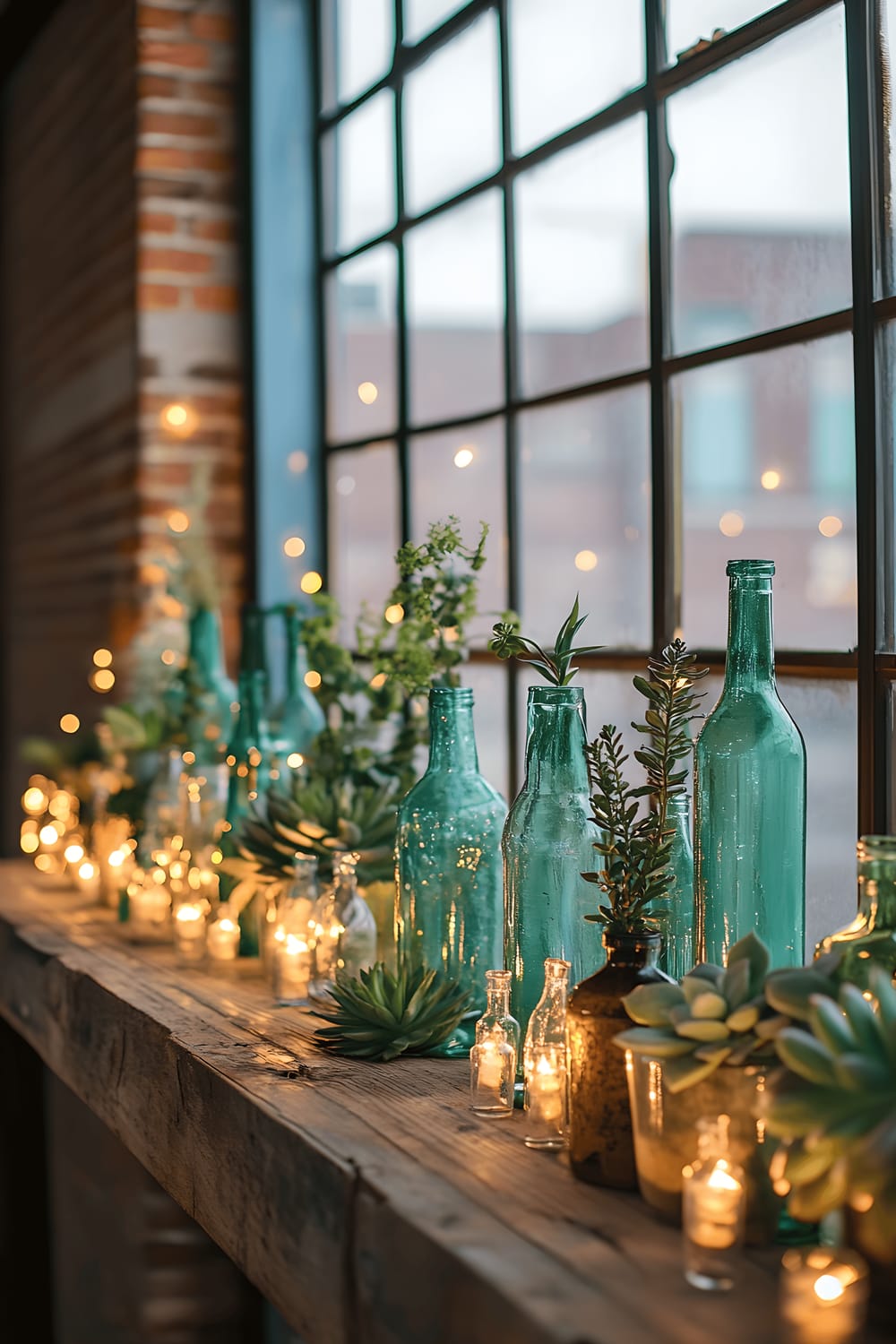 An eco-friendly vertical tabletop centerpiece crafted from repurposed industrial bottles holding different succulents and illuminated by tiny fairy lights. The centerpiece sits on a reclaimed wood table against a backdrop of a brick wall and broad factory-style windows.