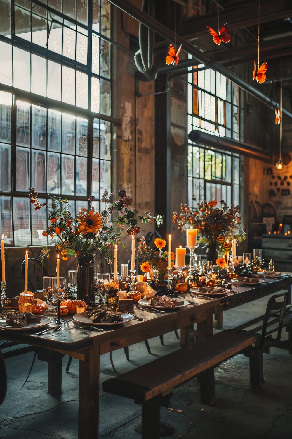 A long wooden table set for a meal is decorated with autumn-themed elements like small pumpkins, candles, and floral arrangements featuring sunflowers and other fall flowers. The table is set with plates, utensils, and glasses, with benches placed on both sides. Overhead, orange monarch butterflies are suspended as part of the decor. Large industrial windows in the background allow light to stream into the room, revealing the rustic, semi-industrial ambiance.