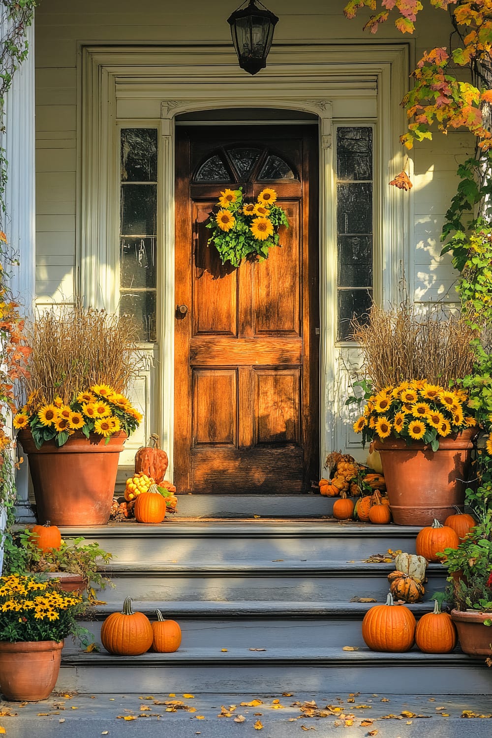 This image depicts a wooden front door adorned with a sunflower wreath. The door is flanked by window panels and at its base are pots filled with vibrant sunflowers. The steps leading up to the door are lined with pumpkins and autumnal foliage. The sidelights and surrounding greenery enhance the warm, inviting fall atmosphere.