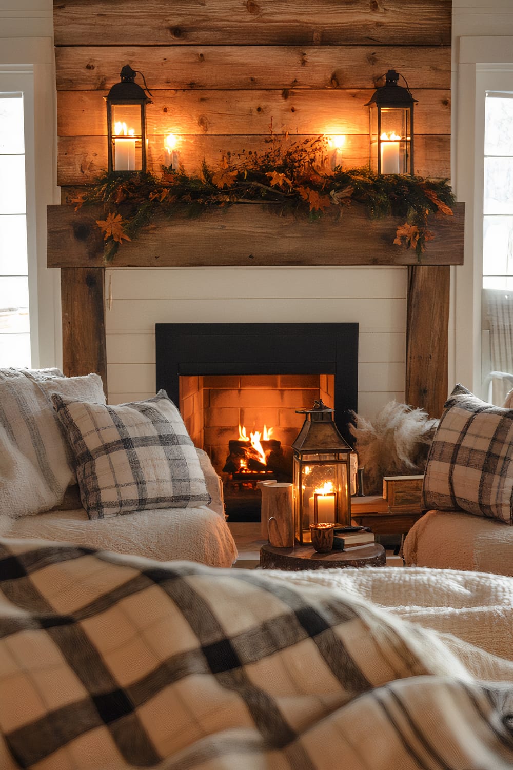 A rustic living room features a warm, inviting fireplace. Above the fireplace, a wooden mantel is adorned with two lit lanterns and fall foliage, creating a cozy autumnal aesthetic. The room is furnished with plush seating that has checkered throw pillows and soft blankets, enhancing the comfortable, homey atmosphere. Additionally, a lantern with candles sits on a small wooden table in front of the fireplace, further contributing to the room's warm, intimate feel.