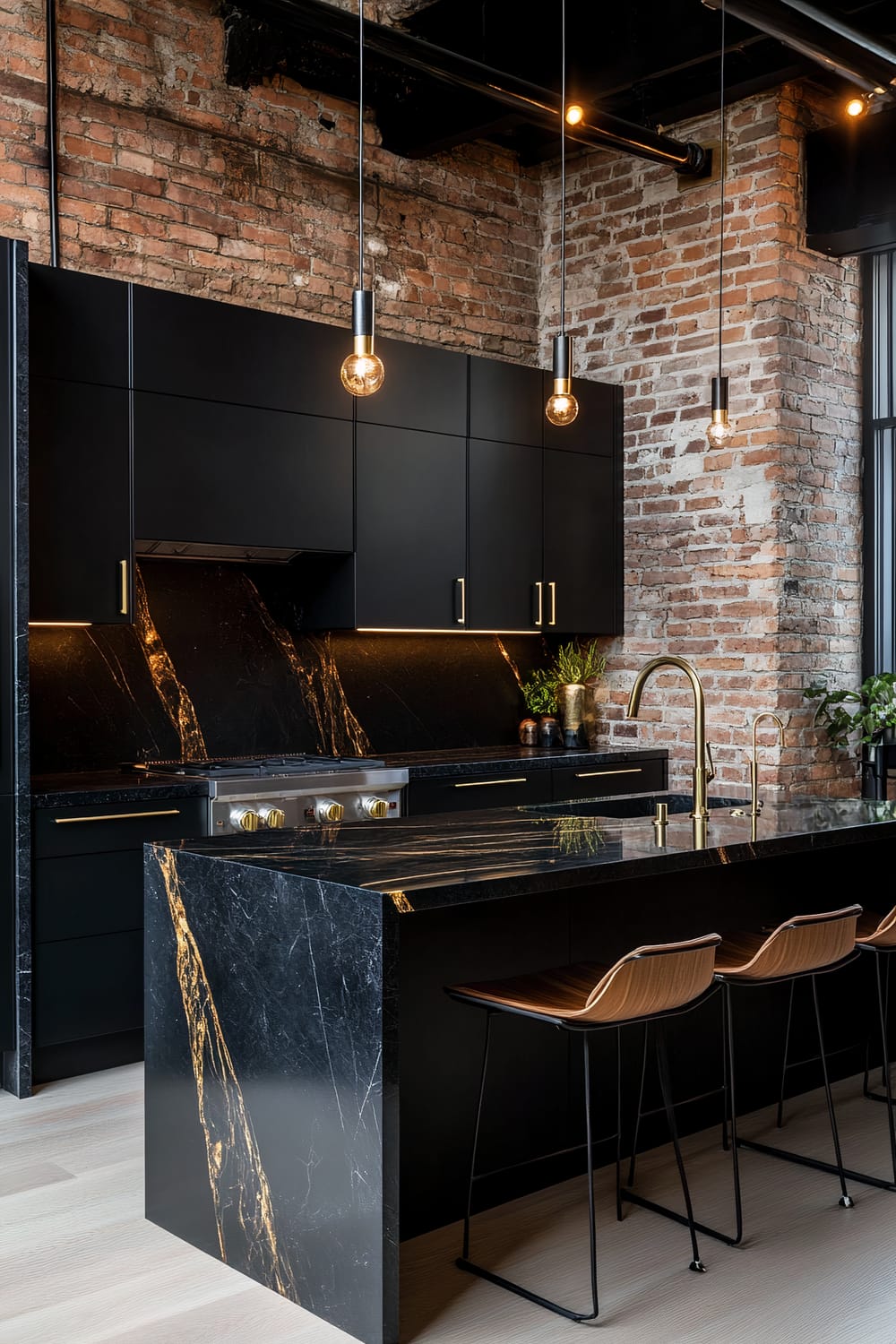 A modern kitchen featuring exposed brick walls, black cabinetry, and black marble countertops with gold veining. Three pendant lights with exposed bulbs hang above the island, which includes a gold faucet and a seating area with wooden barstools. The kitchen island also acts as a countertop with seating area.