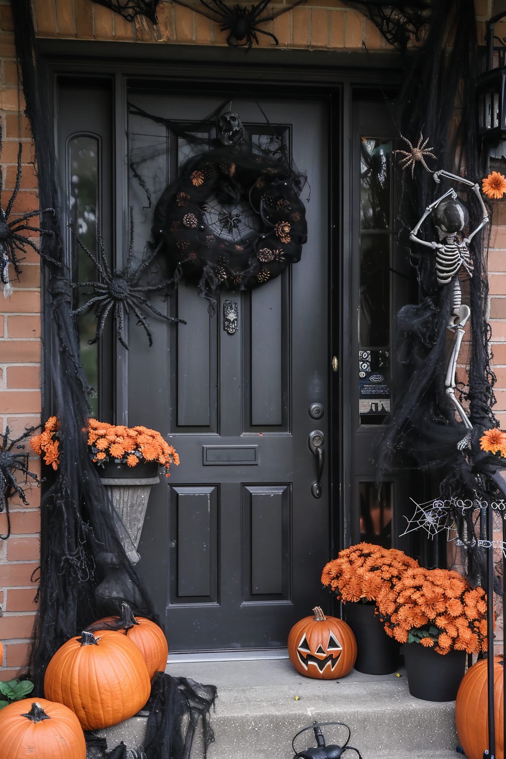 A front door decorated for Halloween, featuring a black wreath adorned with a skull and dark webbing, large black spiders, and orange flowers in planters. A skeleton is positioned to the right of the door, and several pumpkins, including one carved with a face, are placed on and near the steps leading up to the door.