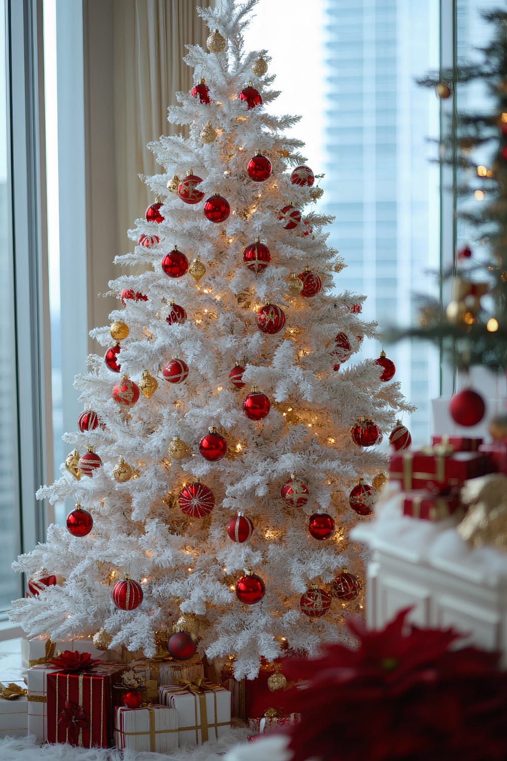 A white Christmas tree adorned with red and gold ornaments stands in front of large windows. The tree is decorated with an assortment of red and gold baubles and is illuminated by warm white fairy lights. Wrapped gifts in red and white paper with gold ribbons, some with red bows, are placed under the tree. A red poinsettia is partially visible in the foreground on a fluffy white carpet.