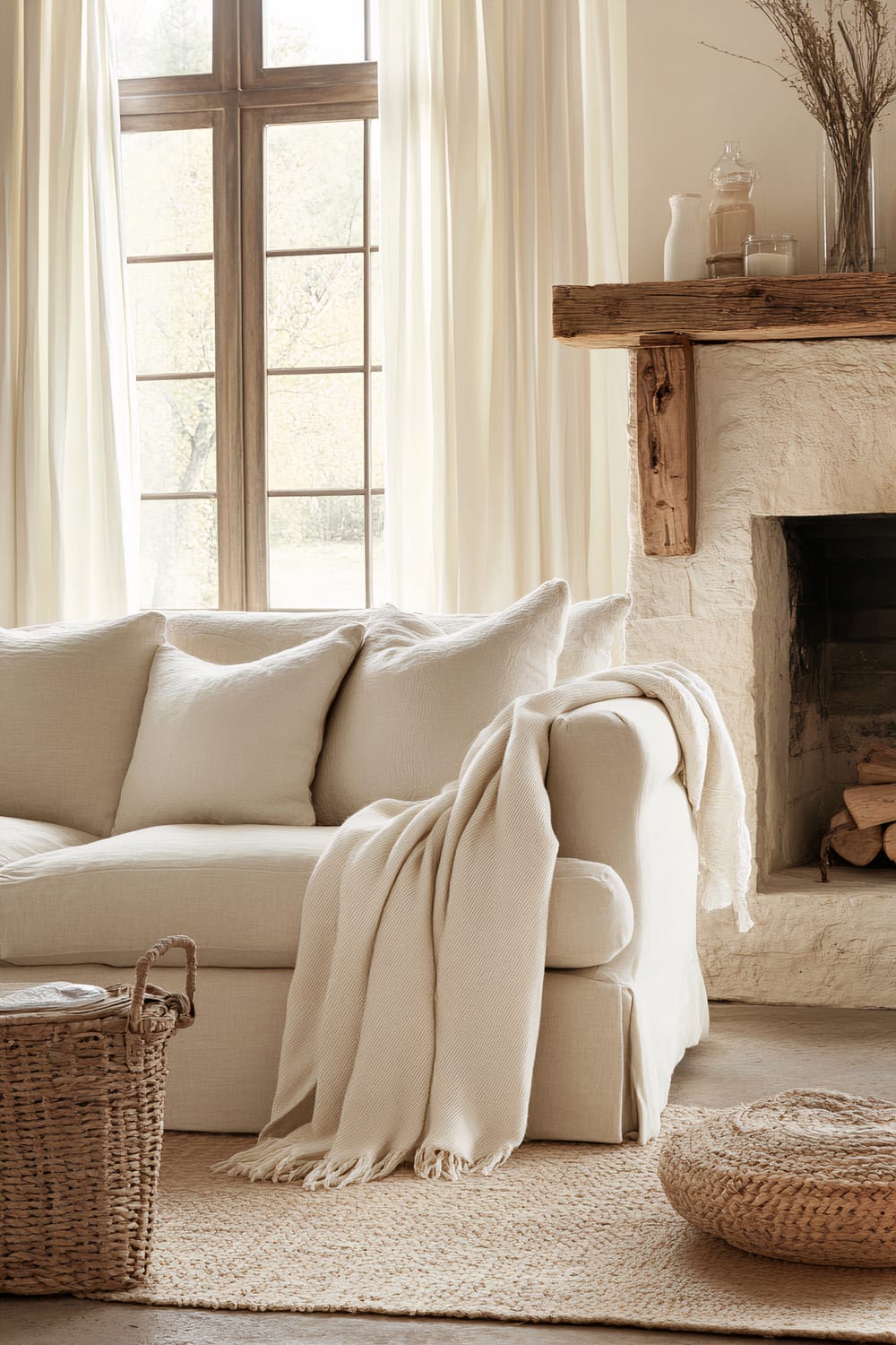 An inviting living room with a creamy beige palette featuring a plush sofa against large windows covered with sheer linen curtains. A rustic stone fireplace is adorned with decorative items and a cozy blanket draped over the sofa. A woven basket and a textured rug add warmth to the space.