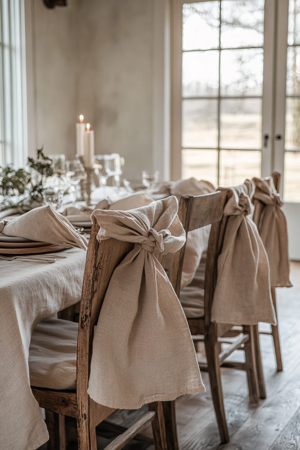 A rustic dining table setup with linen cloths tied to the backs of wooden chairs, creating a relaxed yet elegant atmosphere. There are candles, glassware, and plates set on the table.