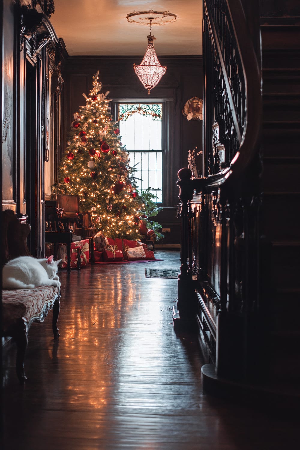 A beautifully decorated Christmas tree stands in a dimly lit, Victorian-style hallway. The tree is adorned with lights, red and gold ornaments, and tinsel, with wrapped presents placed underneath. An ornate chandelier hangs from the ceiling, casting a warm glow. A white cat sleeps on an upholstered bench to the left, adding to the serene and festive atmosphere. The dark wooden floors reflect the glow from the tree and chandelier, enhancing the elegant ambiance of the space.