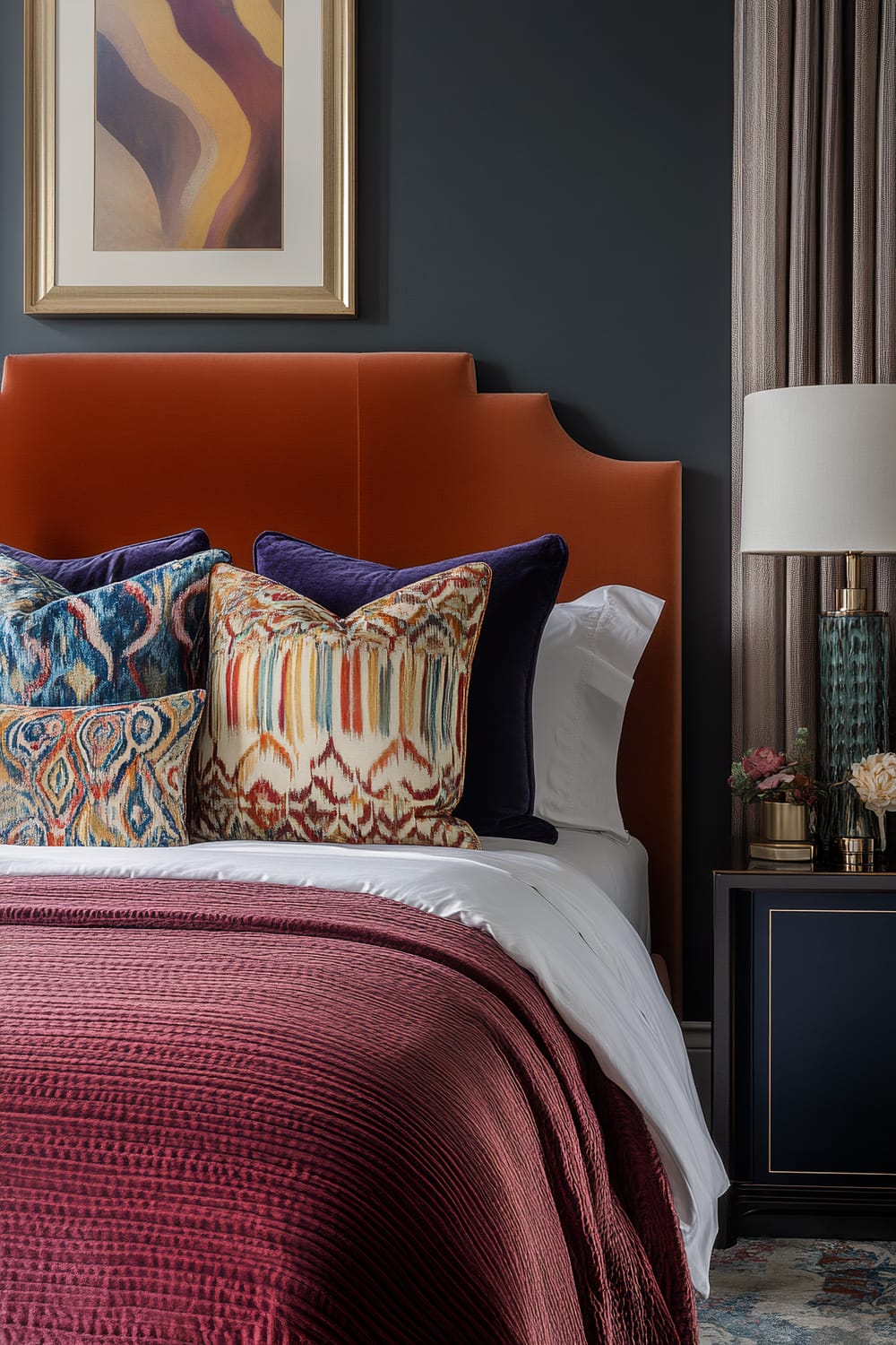 A richly decorated bedroom features an eye-catching burnt orange upholstered headboard against a deep charcoal wall. The bed is adorned with multiple plush cushions in vibrant ikat patterns and rich hues of blue, gold, and red. The bedspread is a luxurious, textured deep red, accompanied by pristine white bed linens. A sleek navy-blue nightstand, adorned with a teal vase and various decor items, including flowers, sits beside the bed. A modern table lamp with a white shade is perched on the nightstand, casting a warm light. Above the headboard, an abstract framed artwork with soft curves in muted tones completes the sophisticated ambiance.