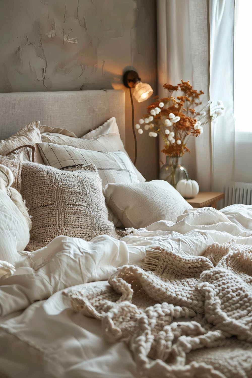 This image features a stylishly decorated bed in a cozy bedroom. The bed is adorned with multiple pillows, including a large knitted pillow, a grid-patterned pillow, and several plain pillows, all in neutral tones of beige and white. A chunky knit blanket lies draped over the bed's white linens. To the right, a nightstand holds a glass vase with dried flowers in warm, earthy colors, adding a touch of nature to the room. A wall-mounted light with a simple lampshade casts a warm glow, highlighting the textured, grayish wall behind the bed. Light filters through sheer curtains, creating a tranquil and inviting ambiance.