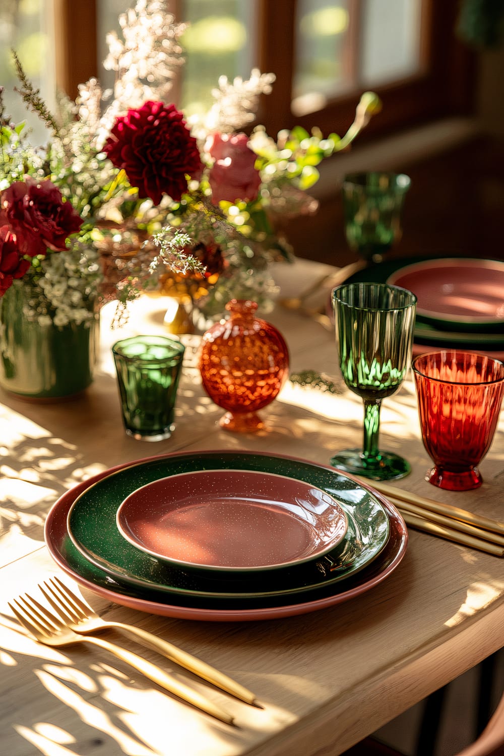 A luxurious Thanksgiving dining table is set with ruby pink plates paired with emerald green plates beneath them. The table features emerald green glassware along with ruby pink glassware, complemented by gold flatware. A minimalist floral centerpiece in ruby pink and emerald green sits in a sleek gold vase. The natural wooden table has a subtle finish and soft ambient lighting creating a warm and elegant atmosphere.