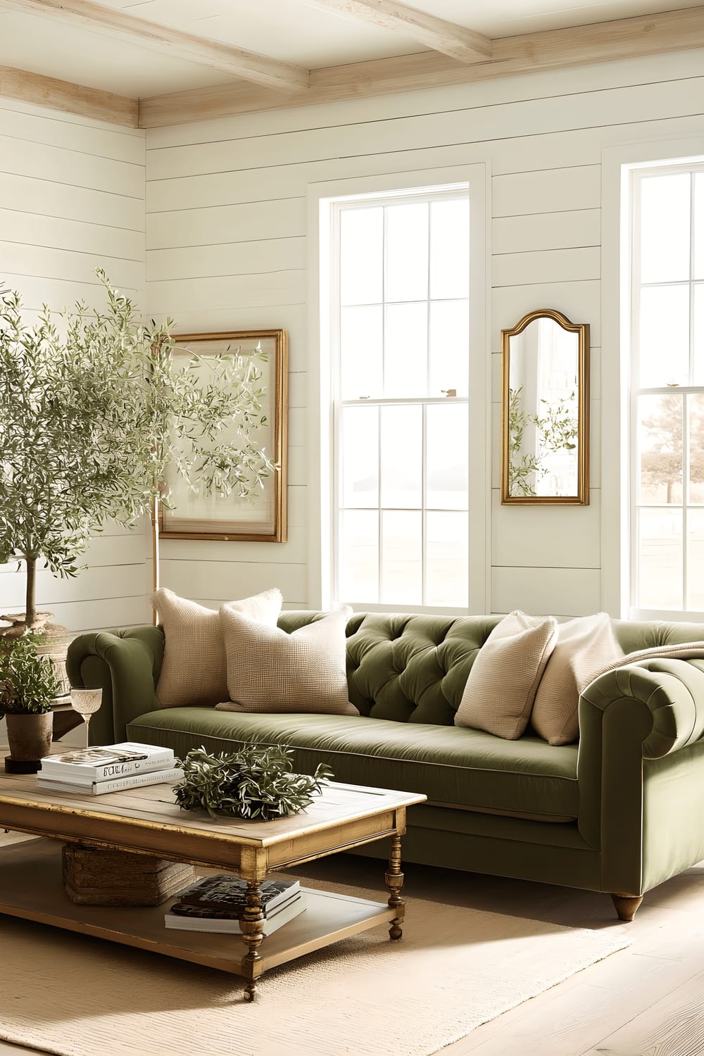 A modern farmhouse living room featuring an olive green sofa adorned with throw blankets. Two wooden coffee tables with gold trim sit in front of the sofa, while two gold-framed mirrors hang on the white shiplap walls. Potted olive trees and indoor plants provide a refreshing element to the room. Large windows flood the room with natural light, while a warm gold lamp adds a touch of elegance to the space.