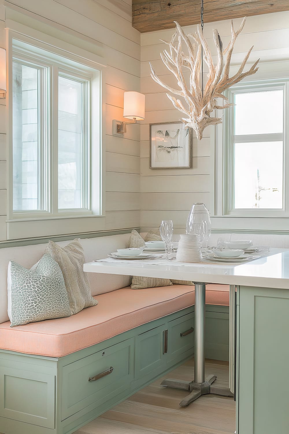 A well-lit dining nook featuring a built-in bench with pastel orange cushions and soft, textured pillows in muted tones. The nook has a white marble table supported by a metal pedestal base. The surrounding walls are adorned with light wooden panels, and there is a unique chandelier resembling driftwood hanging above the table. The windows allow ample natural light, and there are two wall-mounted light fixtures on either side framed with white trim and molding. An abstract framed artwork is displayed on the wall behind the table.