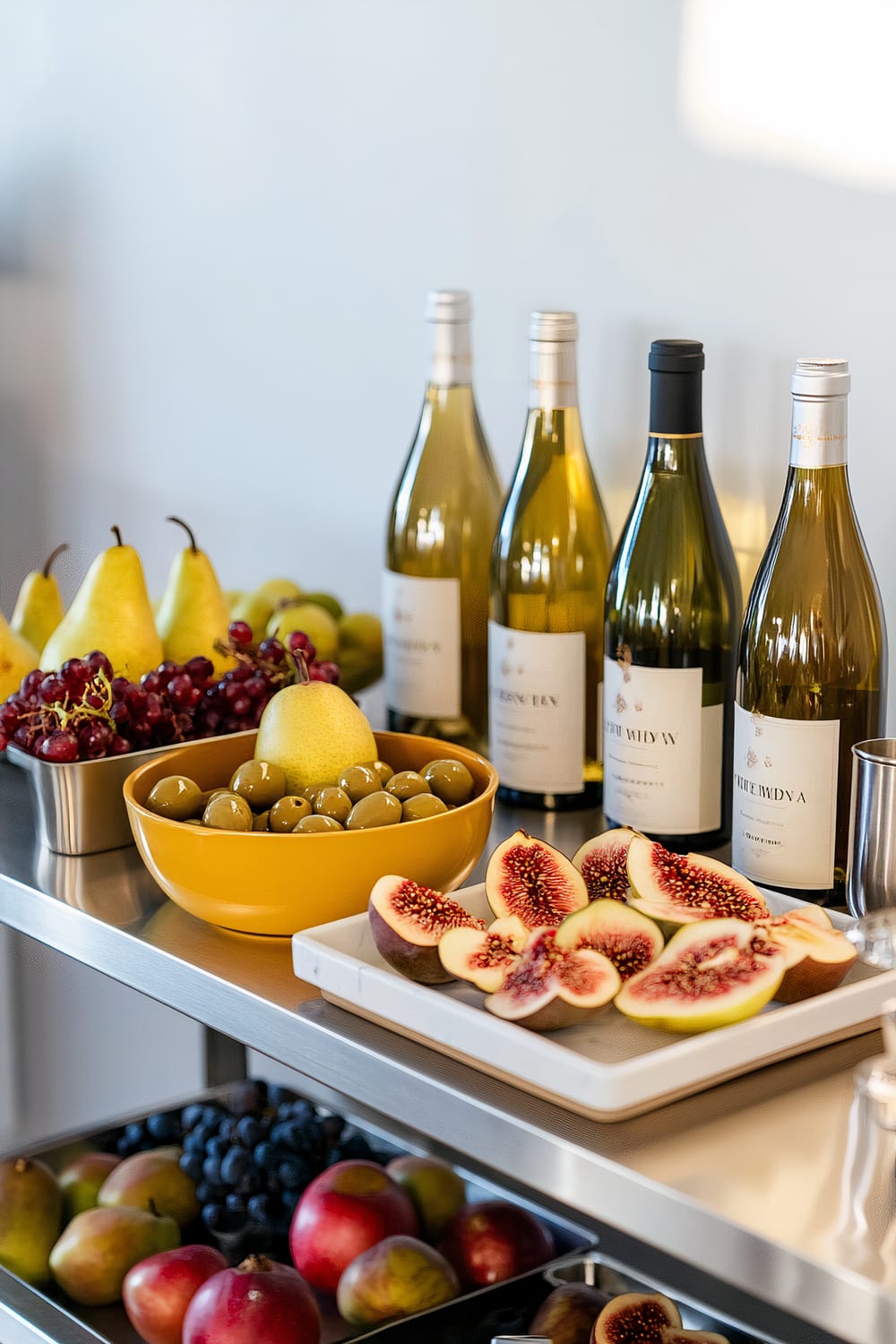 A modern Friendsgiving drinks station with a sleek metallic bar cart featuring bottles of wine, a mustard yellow bowl with green olives, a tray with figs, and a variety of fresh fruits including grapes, pears, and apples.