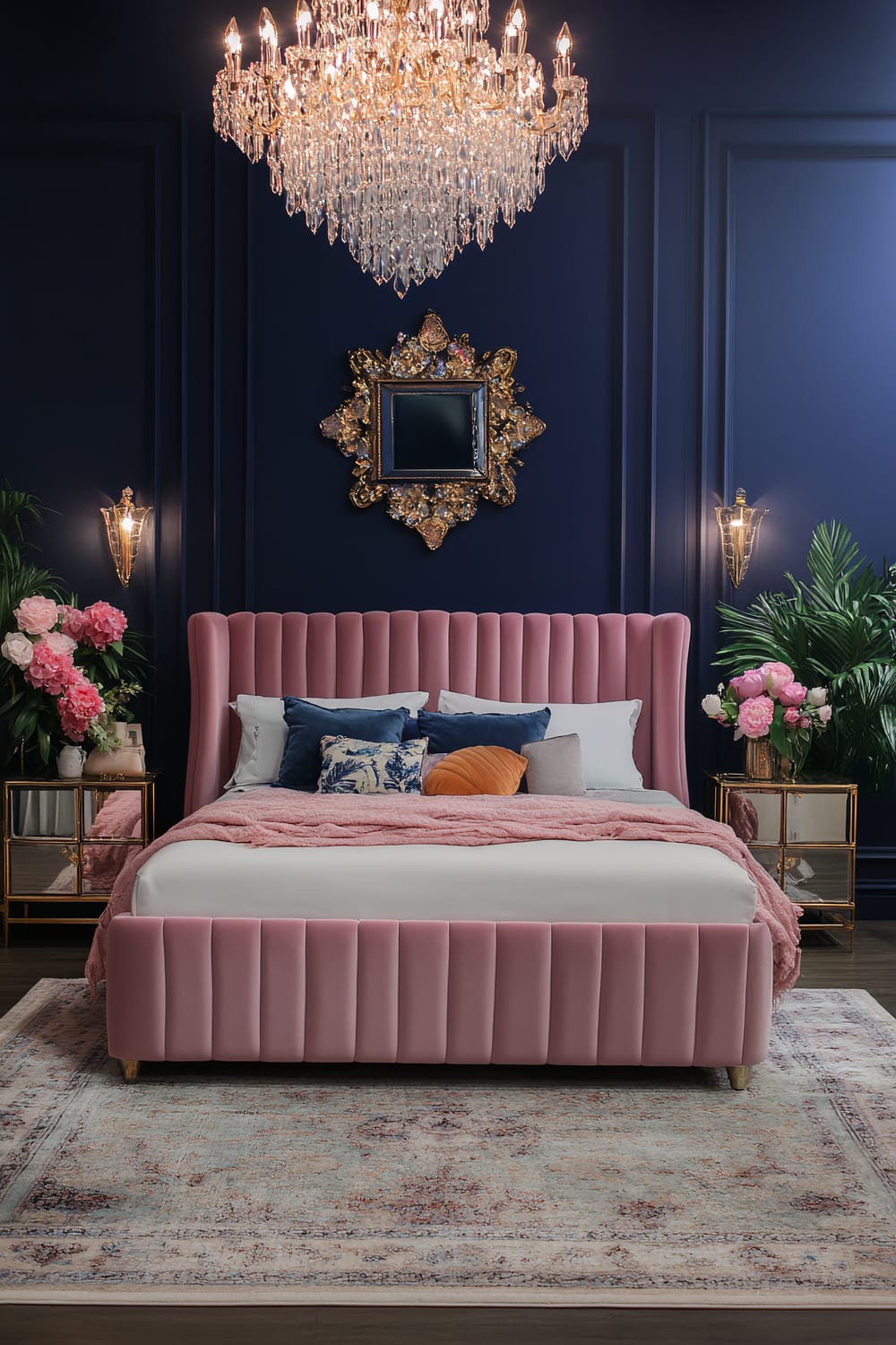 An opulent bedroom features a plush pink velvet bed framed against a deep navy blue paneled wall. The bed is adorned with white, blue, peach, and patterned throw pillows alongside a soft pink blanket. On each side of the bed stands a mirrored nightstand with gold accents, holding vases of vibrant flowers. Above the bed hangs an ornate gold-framed mirror flanked by two elegant sconces. A grand crystal chandelier hangs from the ceiling, casting a warm glow over the room. Large leafy plants in the corners and a vintage-style rug complete the luxurious ambiance.