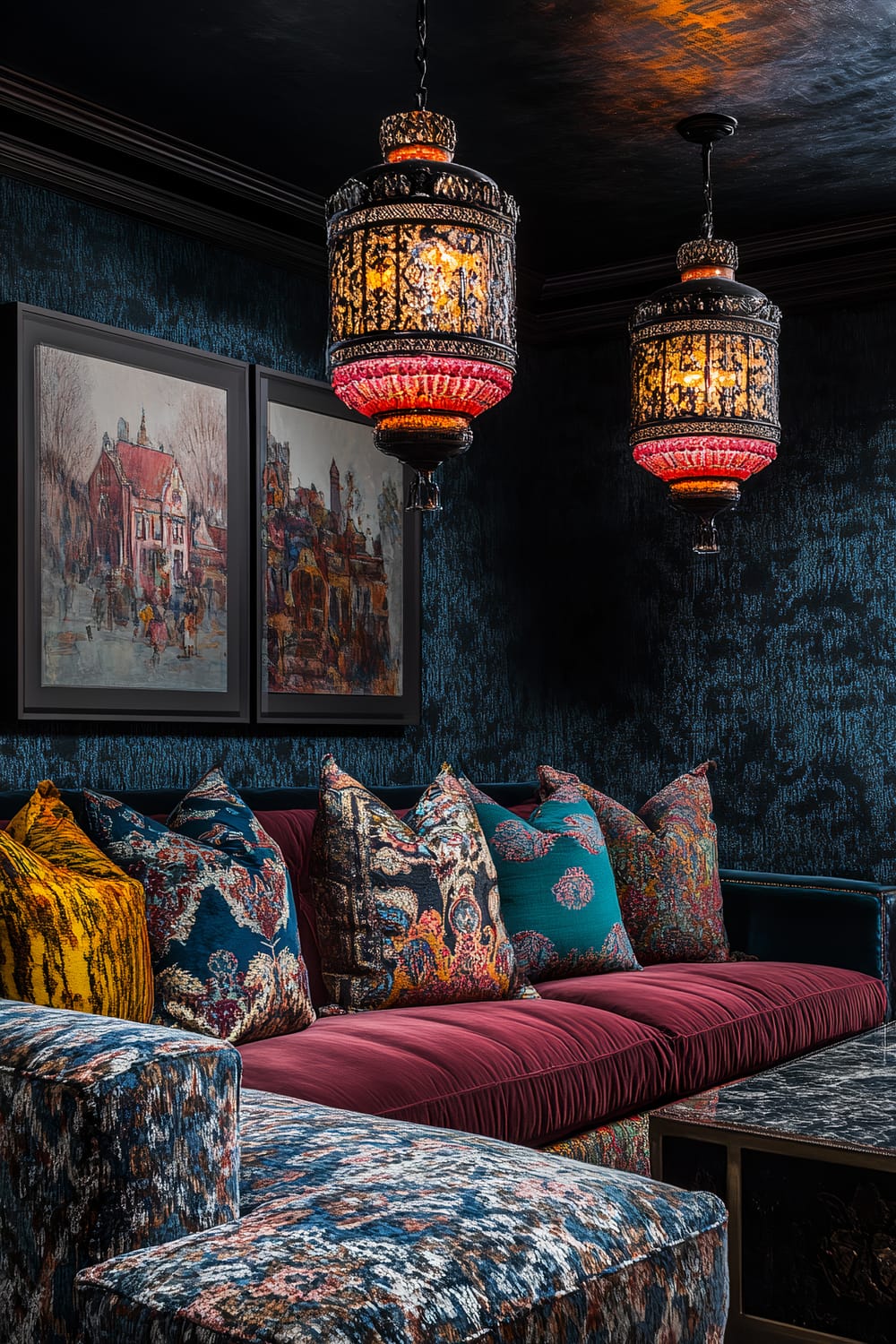 A vibrant living room in a Chicago prewar apartment, characterized by rich jewel tones and ornate patterns. The seating includes a burgundy velvet cushion with an array of eclectic patterned pillows in various colors. Two ornate pendant lights hang from the ceiling, casting warm lighting. The walls are covered with dark, textured wallpaper, and two pieces of colorful artwork are displayed above the seating area.