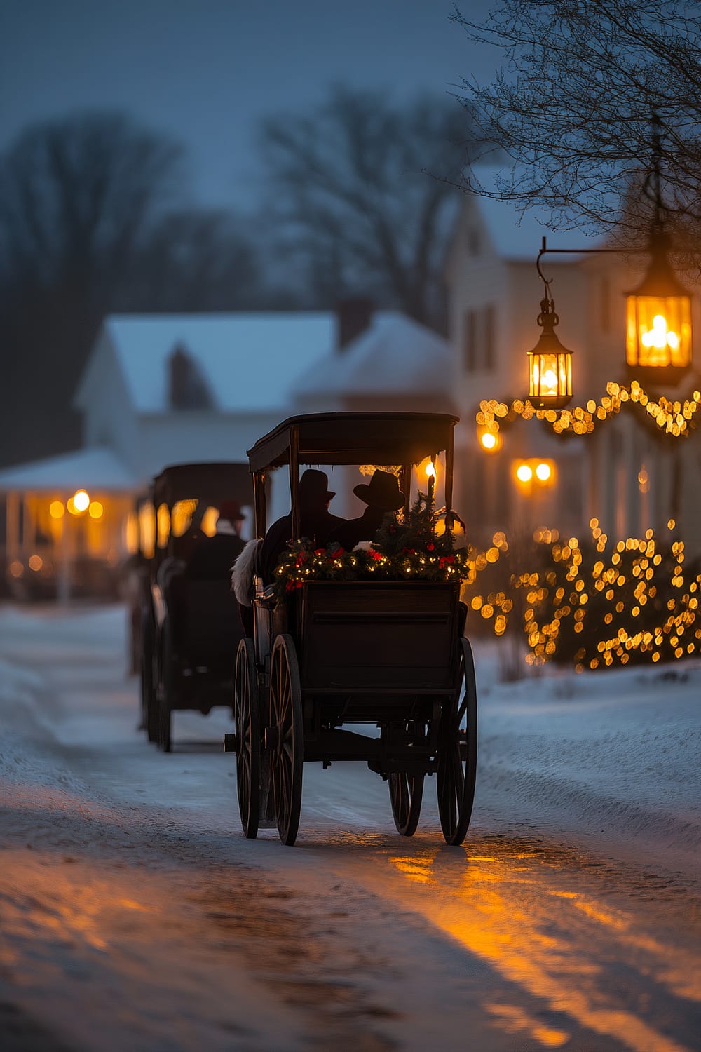 Horse-drawn carriages adorned with holiday decorations travel down a snowy street at twilight. Warm, yellowish lanterns illuminate the path, lining the charming street, which is decorated with Christmas garlands and twinkling lights. The background features silhouettes of people and quaint, snow-covered buildings, adding to the festive, nostalgic ambiance.