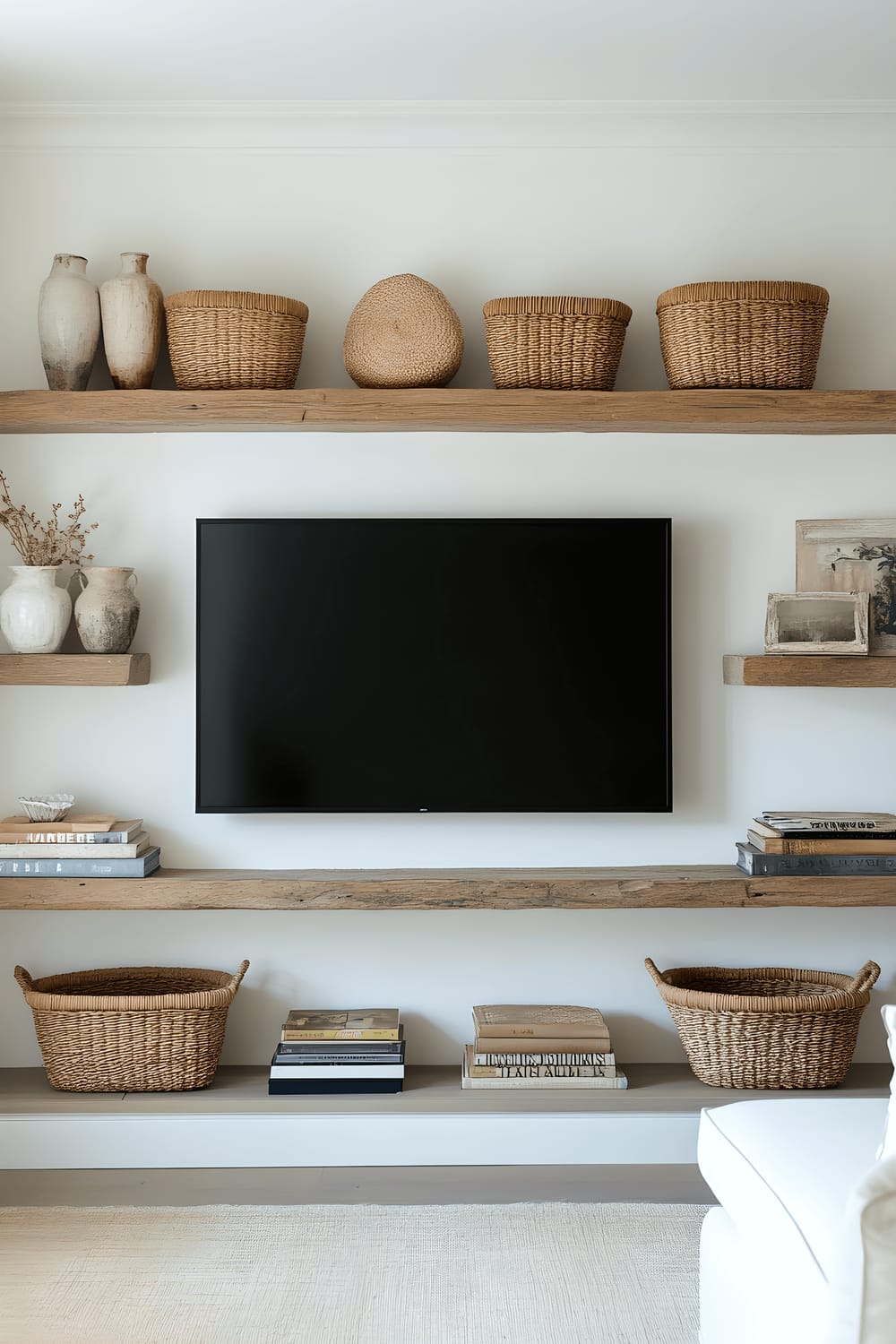 A modern flat-screen TV mounted on a creamy off-white wall, flanked by reclaimed wood floating shelves holding artisan woven baskets, vintage books, and ceramic trinkets. The shadow play on the wall underlines the depth of the arrangement.