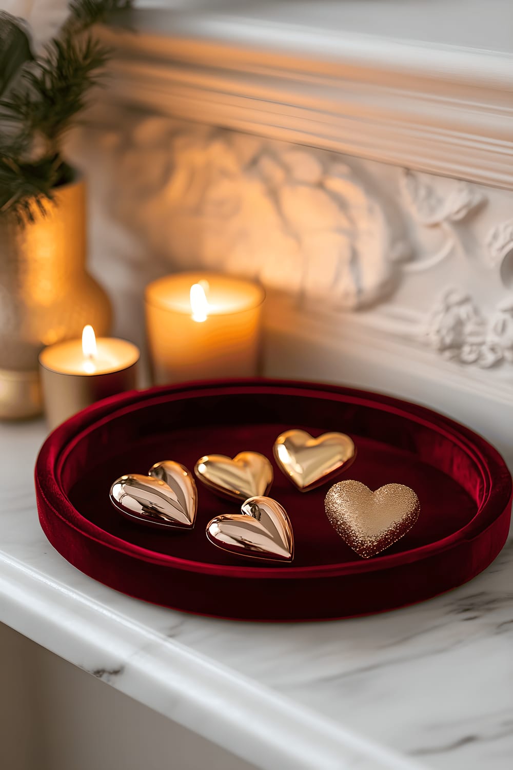 A romantic setting on a white marble mantel featuring a plush deep red velvet tray. On this tray rests a collection of petite metallic heart ornaments in gold and rose gold. In the center of the display, three lit tealight candles in gold holders cast a warm and inviting glow.