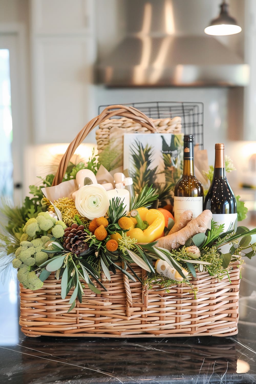 A wicker basket filled with an assortment of items is placed on a kitchen counter. The contents include two bottles of wine, bell peppers, ginger root, various flowers and greenery, and a rolled-up print or book featuring botanical illustrations. The basket is abundantly decorated with a variety of foliage, pinecones, and other natural elements. In the background, a modern kitchen with stainless steel appliances and pendant lighting is visible, giving the setting a warm and welcoming vibe.