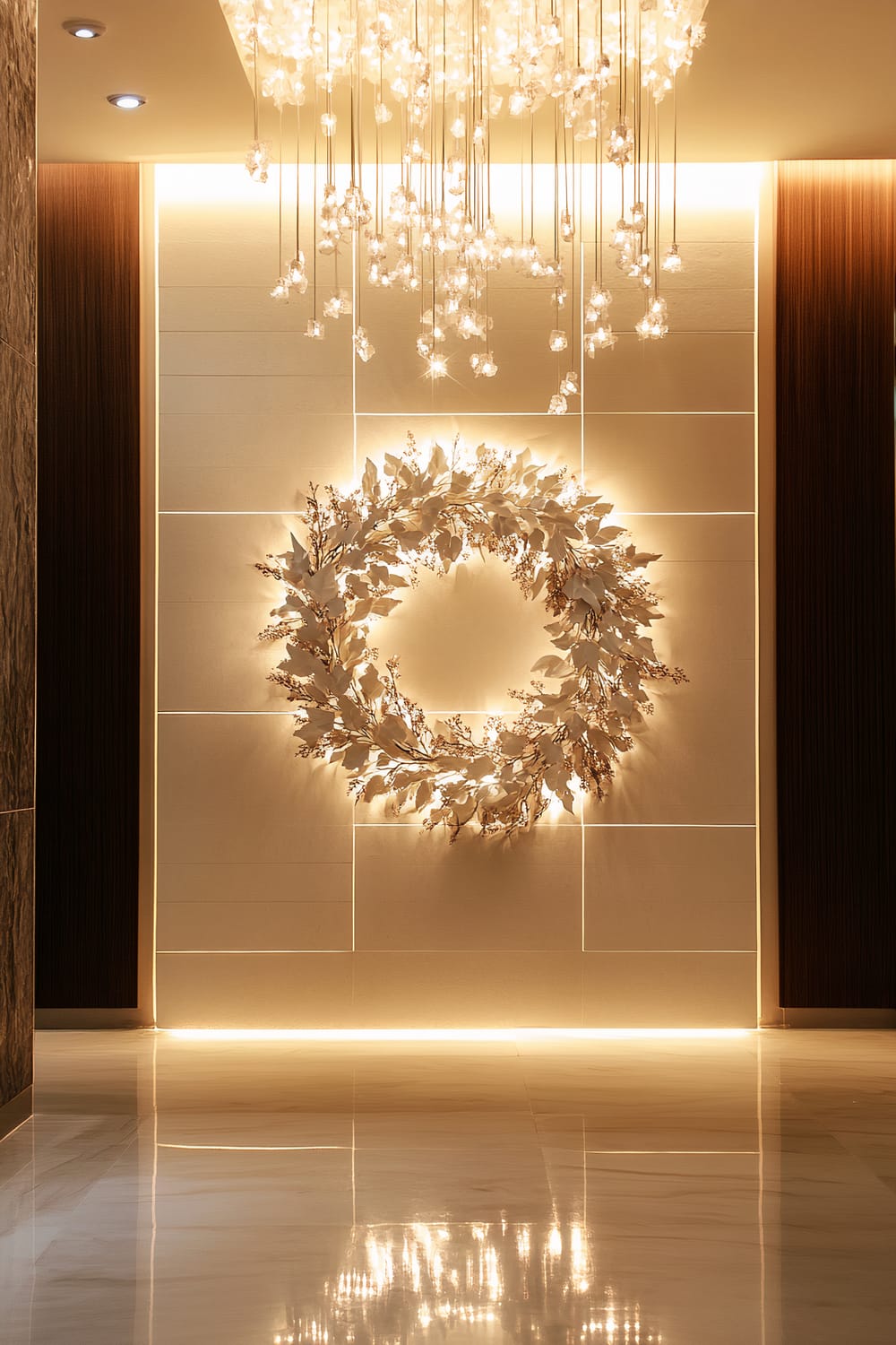 A chic white ceramic ivy wreath embedded with subtle LED lights is prominently displayed on a light-colored wall in a stylish foyer. The scene is softly illuminated by overhead pendant lighting, adding a modern and elegant festive touch to the upscale entrance. The floor and walls have a sleek, polished look, enhancing the sophisticated ambiance.