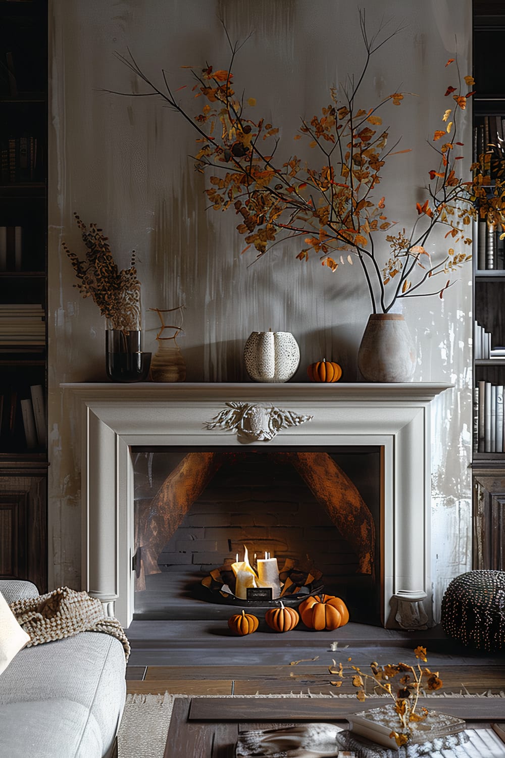 An elegant fireplace adorned with decorative items is at the center of a cozy, sophisticated living room. The mantle displays several vases, branches with autumn leaves, and small pumpkins. The hearth inside the fireplace contains large candles and more small pumpkins, with warm, soft lighting creating a serene atmosphere. To the right, partially visible bookshelves and, to the left, a comfy, textured blanket on a sofa add to the inviting setting.