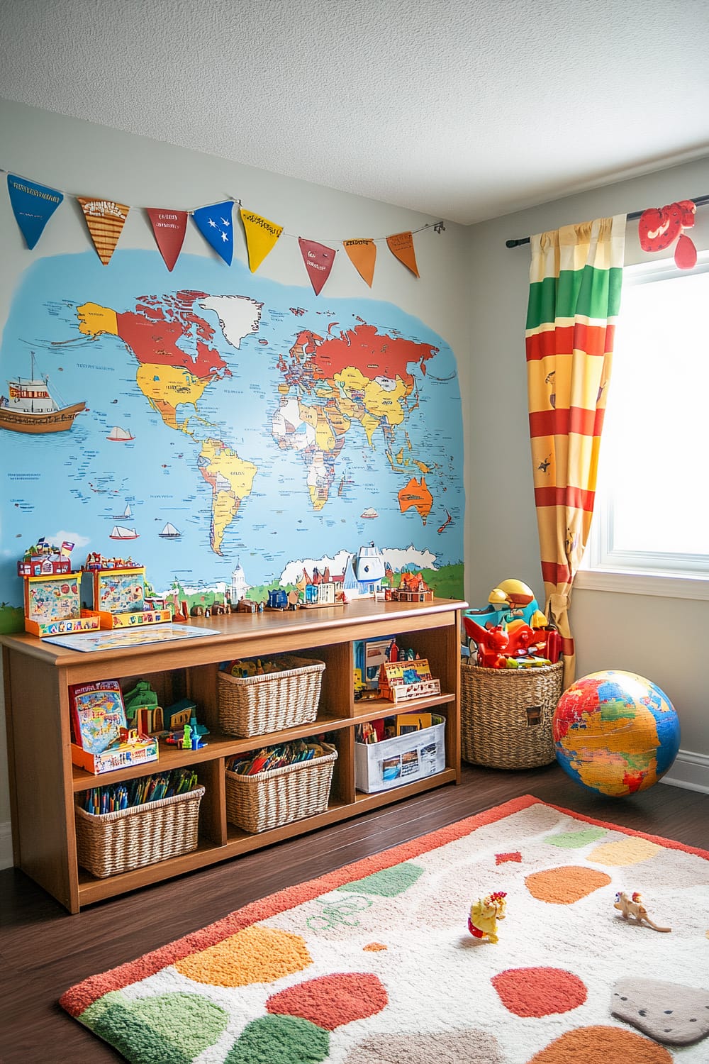 A playroom featuring a large world map mural on one wall, showcasing animals and landmarks from various continents. Below the mural, there are low bookshelves filled with geography books, baskets containing puzzles, and travel-themed toys such as miniature airplanes, trains, and ships. Flags from different countries hang above the shelves, and a child-sized table is visible. The floor has a soft, earth-toned rug defining the play area. A globe and additional toys are placed on the right.