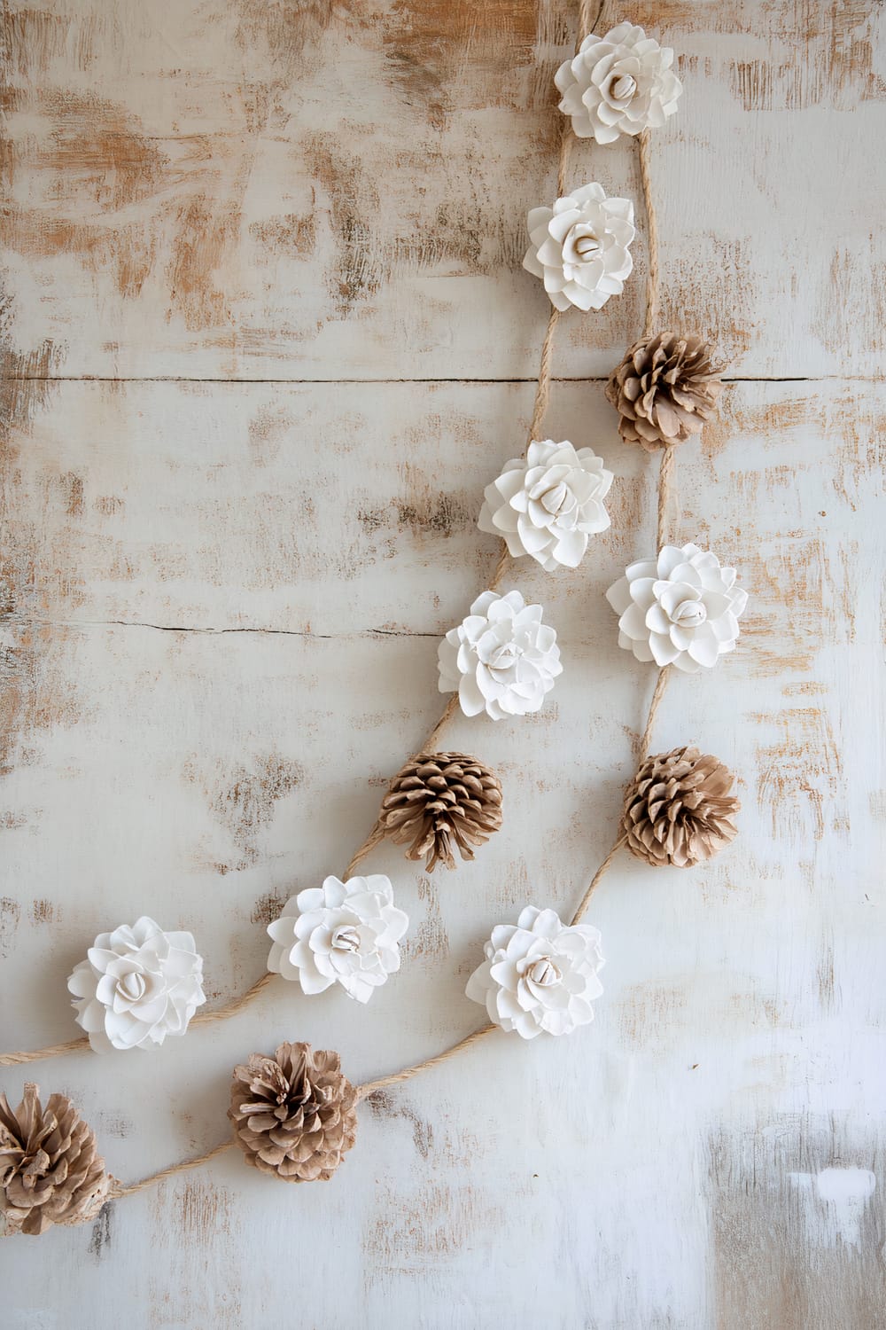 A garland made of white-painted pinecones and natural brown pinecones attached to a piece of twine. The garland is arranged in a gentle curve and is displayed against a weathered white and brown wooden background.