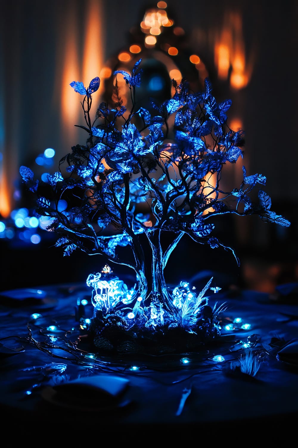 A centerpiece on a black tablecloth with a miniature enchanted forest featuring glowing blue LED lights. The forest is surrounded by scattered dark feathers and an ornate mirror that reflects the blue glow. The setting is under soft, dimmed lighting.