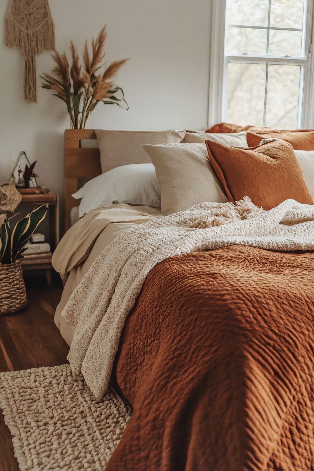 A warm-toned bedroom featuring a wooden bed with fluffy cream, beige, and rust-colored pillows. The bed is covered with rust-colored linens and a cozy, cream knit throw blanket draped over the edge. A beige macramé wall hanging adds a bohemian touch above a bedside table adorned with plants in woven baskets, beside a large window letting in natural light. The room exudes comfort with a tactile, chunky knit rug on the wooden floor.