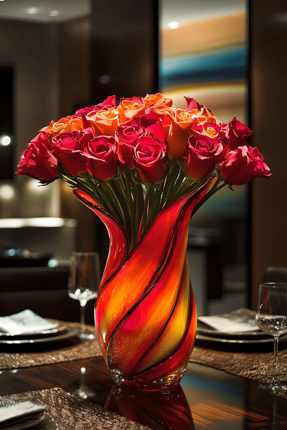 A striking dining room setting featuring an artistic centerpiece with red roses in a glass vase and colorful abstract sculptures. The centerpiece is placed on a dark wooden dining table surrounded by matching chairs. The room is accentuated with vibrant textiles and a warm, multifaceted lighting system that highlights the vivid colors of the room and the centerpiece.