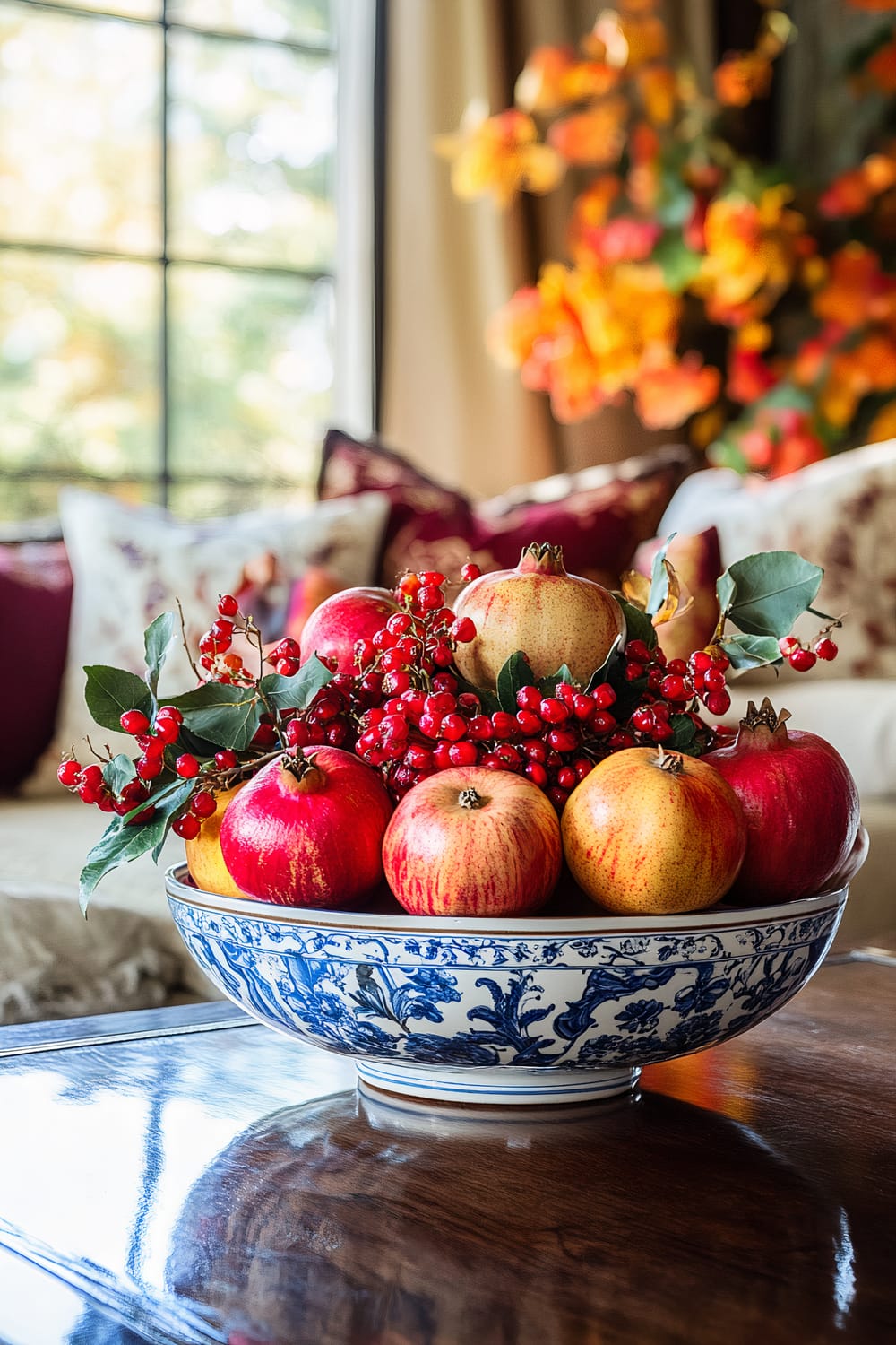 A close-up of a coffee table decorated with a blue and white bowl filled with bright fall fruits including red apples, pomegranates, and red berries. In the background, a room with large windows, decorative pillows, and colorful autumn flowers can be seen.