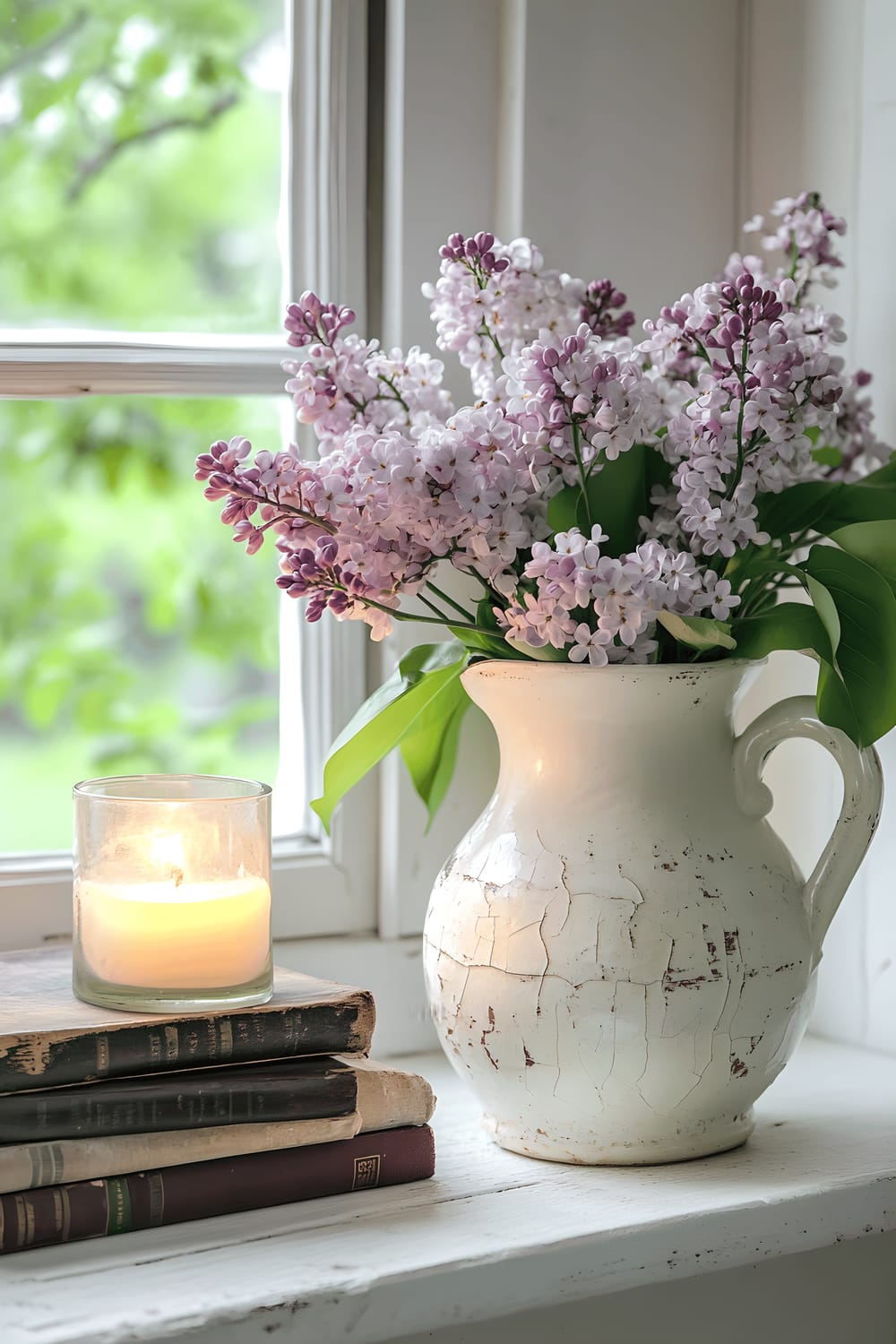 A farmhouse-style open shelf displaying a thrifted white ceramic pitcher with visible age cracks, repurposed as a vase for fresh lilacs. Next to the vase are stacked vintage books and a flickering candle.