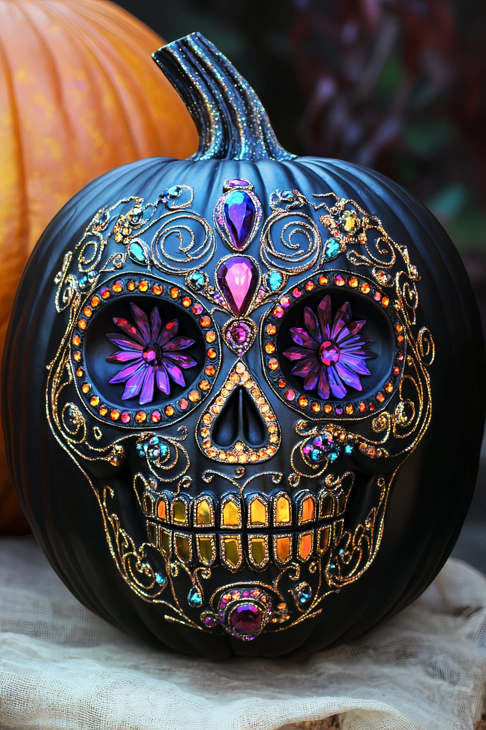 A black pumpkin decorated with intricate Day of the Dead sugar skull design. The design features ornate metallic gold swirls and vibrant gem embellishments in purple, pink, blue, and orange hues. The eyes are adorned with large pink floral shapes, and the overall look is highly detailed and festive.