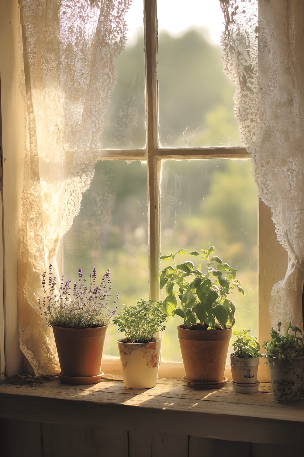 A pleasing interior view of a cottage kitchen window adorned with small pots of lavender and basil plants arrayed on the wooden sill. The ambient scene is warmed by the gentle splash of golden sunlight filtering through the glass and partially through a delicate lace curtain blowing subtly in the breeze.