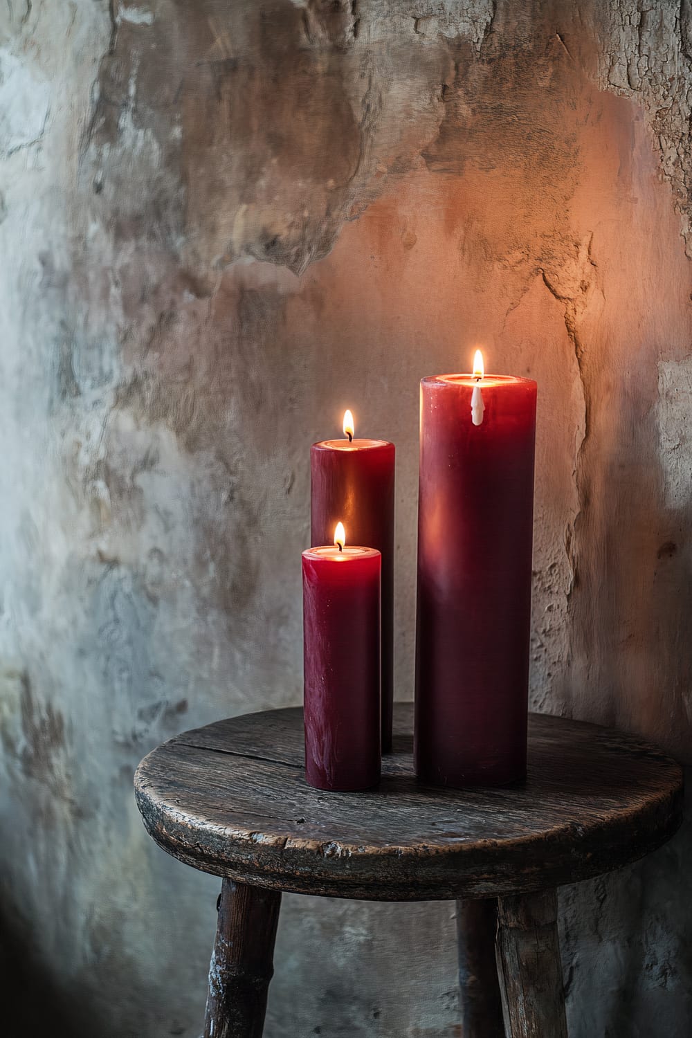 Three lit dark red pillar candles of varying heights placed on a rustic, weathered wooden stool. The background features a textured, distressed concrete wall with shades of gray, brown, and off-white. The ambient light from the candles creates a warm and intimate atmosphere.