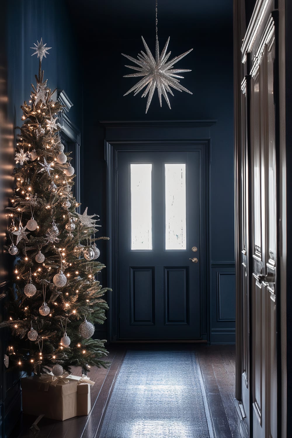 A narrow hallway is decorated for Christmas featuring a dark blue door with frosted glass panels. A Christmas tree is adorned with silver ornaments and white lights, placed on the left side of the hallway. A modern silver star-shaped chandelier hangs from the ceiling.