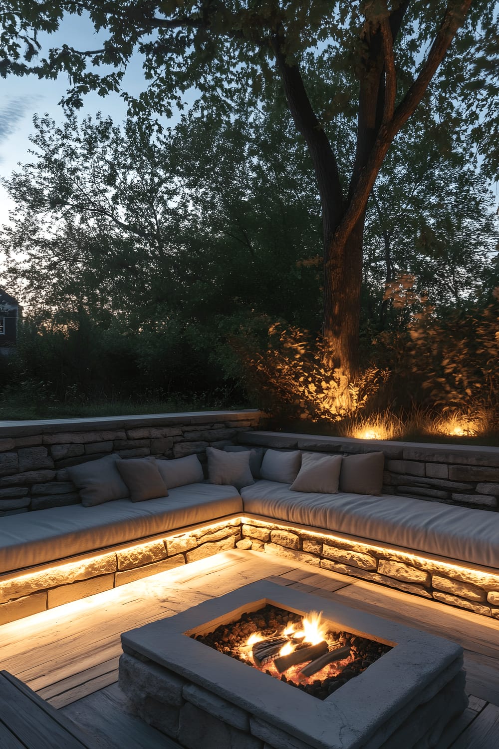 A sunken seating area, highlighted with warm, built-in LED lighting. The setting is adorned with soft linen cushions surrounding a rustic wooden fire pit in the center. The area emits an inviting atmosphere under the golden glow of the early evening light, complementing the minimalist yet thoughtfully designed space.