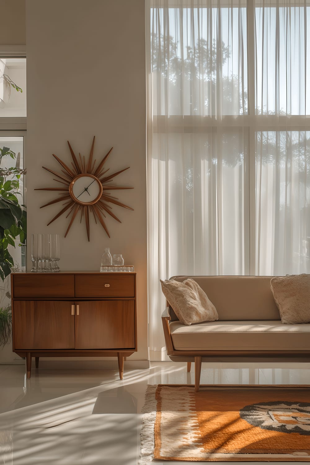 The image displays a stylish living room bathed in natural light from two large windows covered with sheer curtains. The furniture highlights mid-century modern aesthetics, featuring a teak sofa with tapered legs. On the wall, there is a distinctive sunburst clock, and a slender walnut sideboard lined with vintage glassware is present on the side, contributing to the room's rich and warm feel.