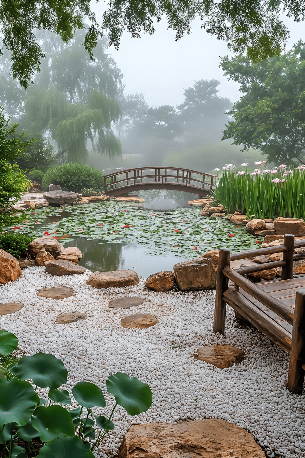 A peaceful early morning view of a Japanese Zen garden with meticulously raked white gravel, large granite stones, a serene koi pond with blooming lotus flowers, and a small wooden bridge. The garden is enclosed by bamboo fences and accented with minimalistic wooden benches.