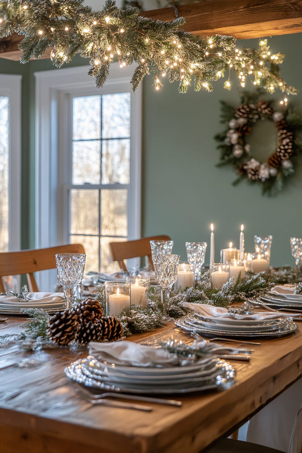 A rustic wooden dining table set for a festive holiday meal is adorned with crystal glassware, white plates, and neatly folded napkins. The centerpiece features candles and pine branches with pinecones. Above the table, greenery with twinkling lights is hung, and in the background, a wreath with pinecones and ornaments is mounted on a green wall. Natural light streams in through the windows.